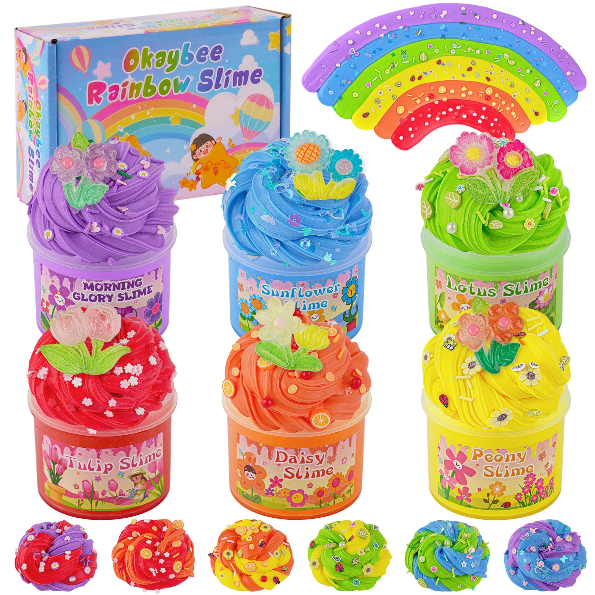 Okaybee 6 Pack Butter Slime Kit, Rainbow Slime for Kids, with Flower Slime Charms & Add-ins, Slime Party Favors Sensory Toys, Holiday Birthday Easter Hallowmas Christmas Girls Gift & Boys Gift