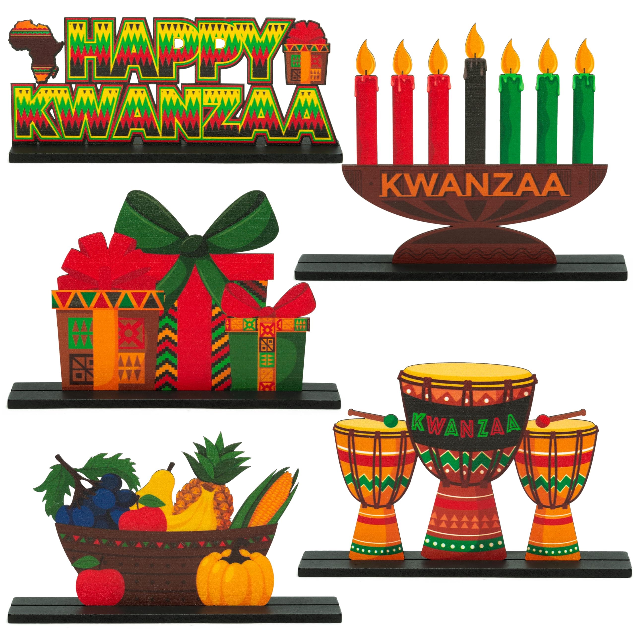Haooryx Kawanzaa Wooden Centerpieces Decorations - 5Pcs Happy Kawanzaa Table Topper African Heritage Holiday Table Sign Tabletop Wood Sign for Kwanzaa Holiday Party Home Celebration Table Decorations