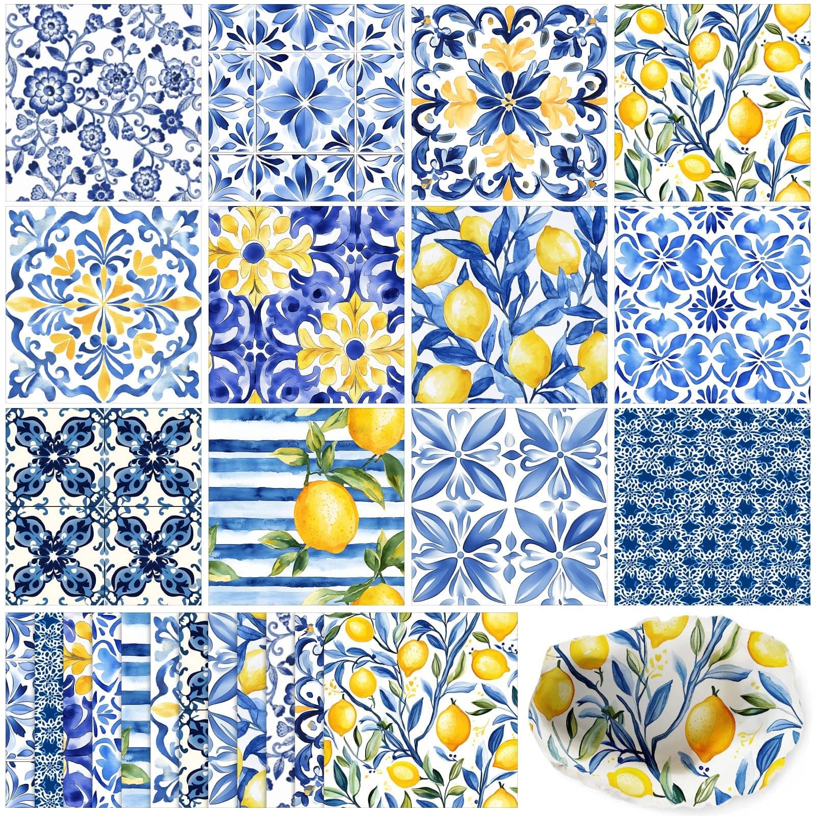 Glenmal 120 Pack Vintage Mediterranean Lemon Decoupage Paper Napkins, 12 Styles Blue Flowers Assorted Decorative Cocktail Napkins for DIY Crafting Holiday Birthday Party Wedding Baby Shower, 13 Inch