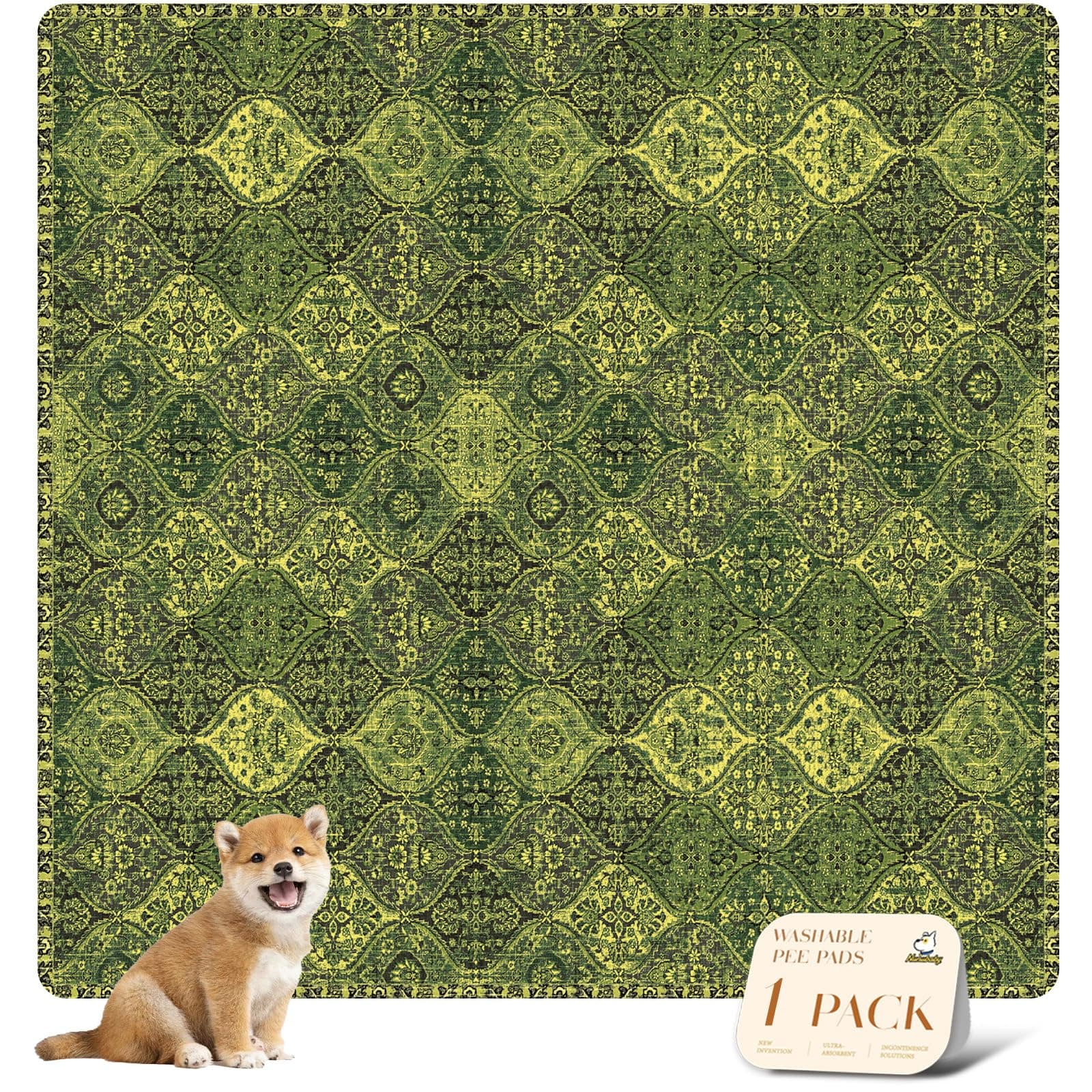 nunubaby Washable Pee Pads for Dogs, Stylish, Non-Slip and Leak-Proof Pee Pads. Reusable Potty Pads for Dogs for Crates and Floors.(Green/Multi,72" x72" )