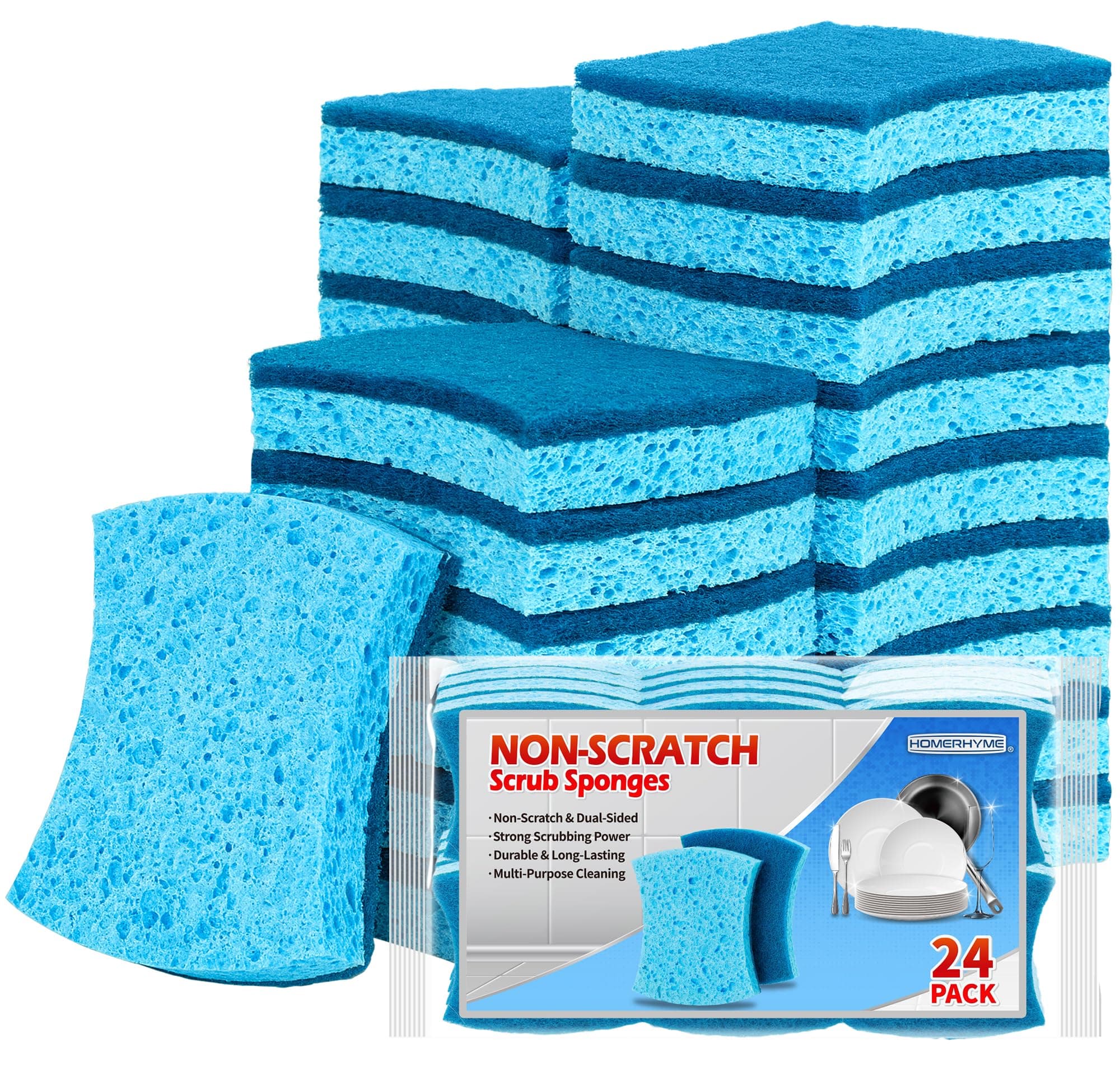 HOMERHYME Non-Scratch Cellulose Scrub Sponges 24 Pack, Kitchen Sponge with Double-Side & Ergonomic Design. Durable Sponge for Dishes, Coated Cookwares, Sink, Countertops.