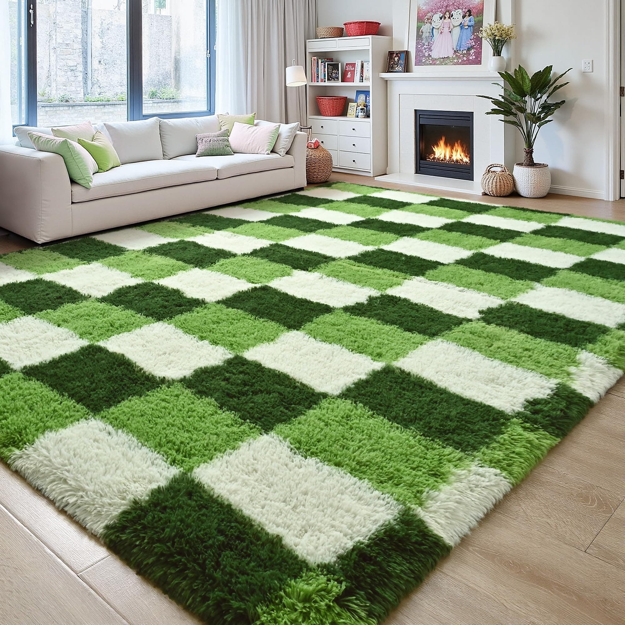 FALARK Fluffy Deep Green White Rugs for Bedroom, 4x6 Feet Checkered Rug for Living Room, Cute Shag Carpet for Kids Girls Room Nursery, Soft Shaggy Modern Indoor Carpets for Home Decor