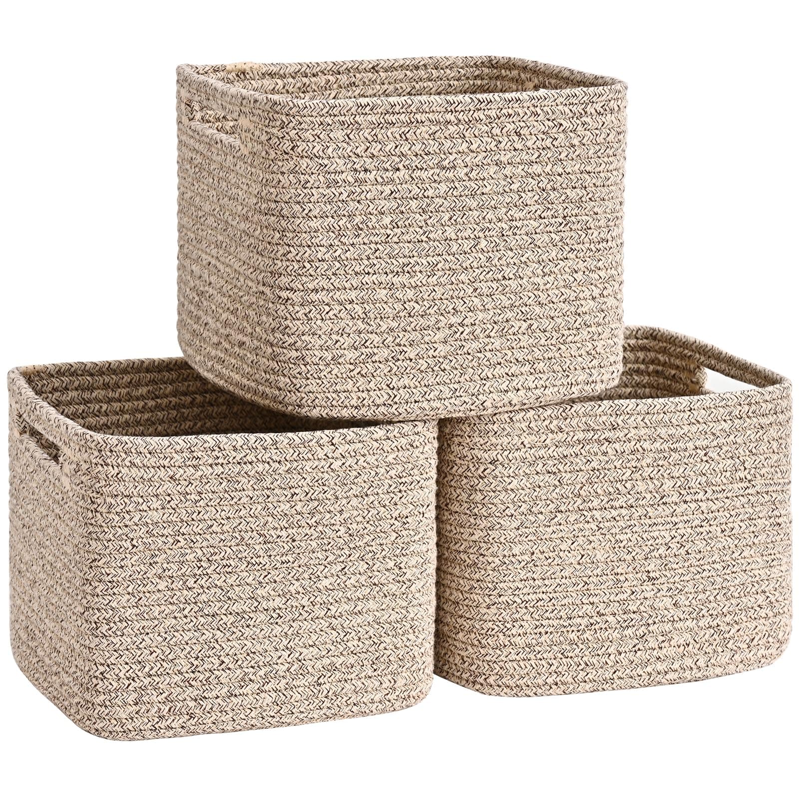 Degeyoyo 3 Pack Cube Storage Bin, 9”x9”x7” Cotton Rope Woven Baskets for Organizing Toys Clothes Towels, Square Gift Storage Baskets for Shelves, Nursery, Closet, Bathroom, Pantry (Jute)