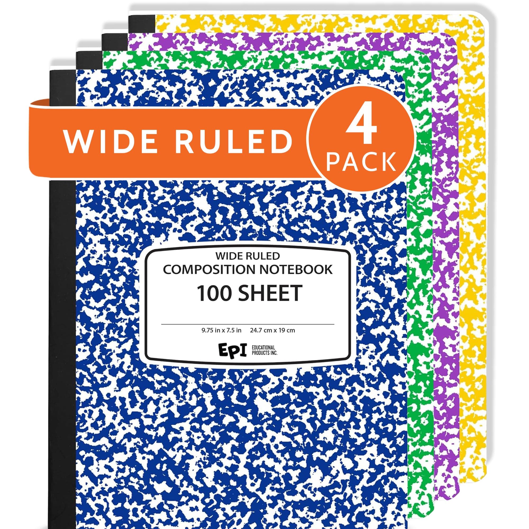 EPI Wide Ruled Marble Composition Notebook, Assorted Colors, 100 Sheet, 4-Pack