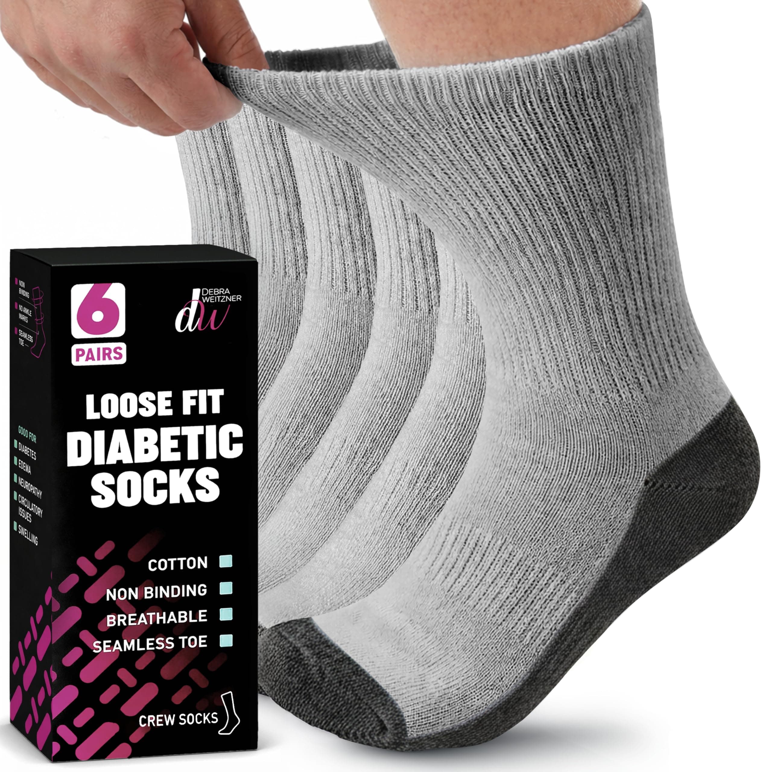 6 Pairs Diabetic Crew Socks Reinforced Heel and Toe Non-Binding Cushion Socks for Men and Women Grey/Black Sole 13-15 Debra Weitzner