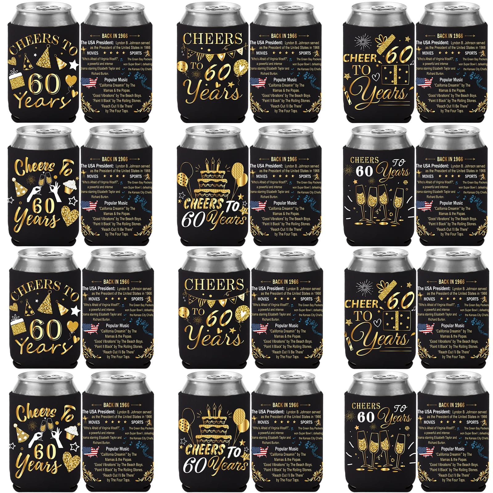 60th Birthday Can Cooler Sleeves - 24 Pack Cheers and Beers to 60 Years 60th Birthday Decorations Vintage 1965 Black Gold Beer Cans Coolers for Men Sixty Year Old Party Favors Supplies Decor Gifts