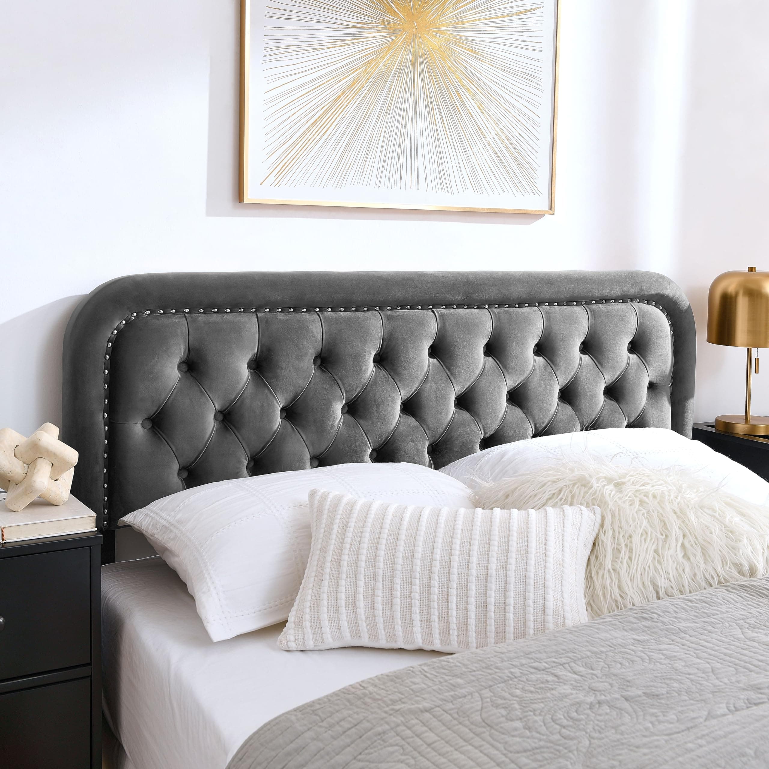 Beyetsea Tufted Upholstered King Size Headboard only - Button Solid Wood HeadBoards with Adjustable Height - Modern Velvet Padded Bed Headboard - Easy Assembly - Nailhead, Gray