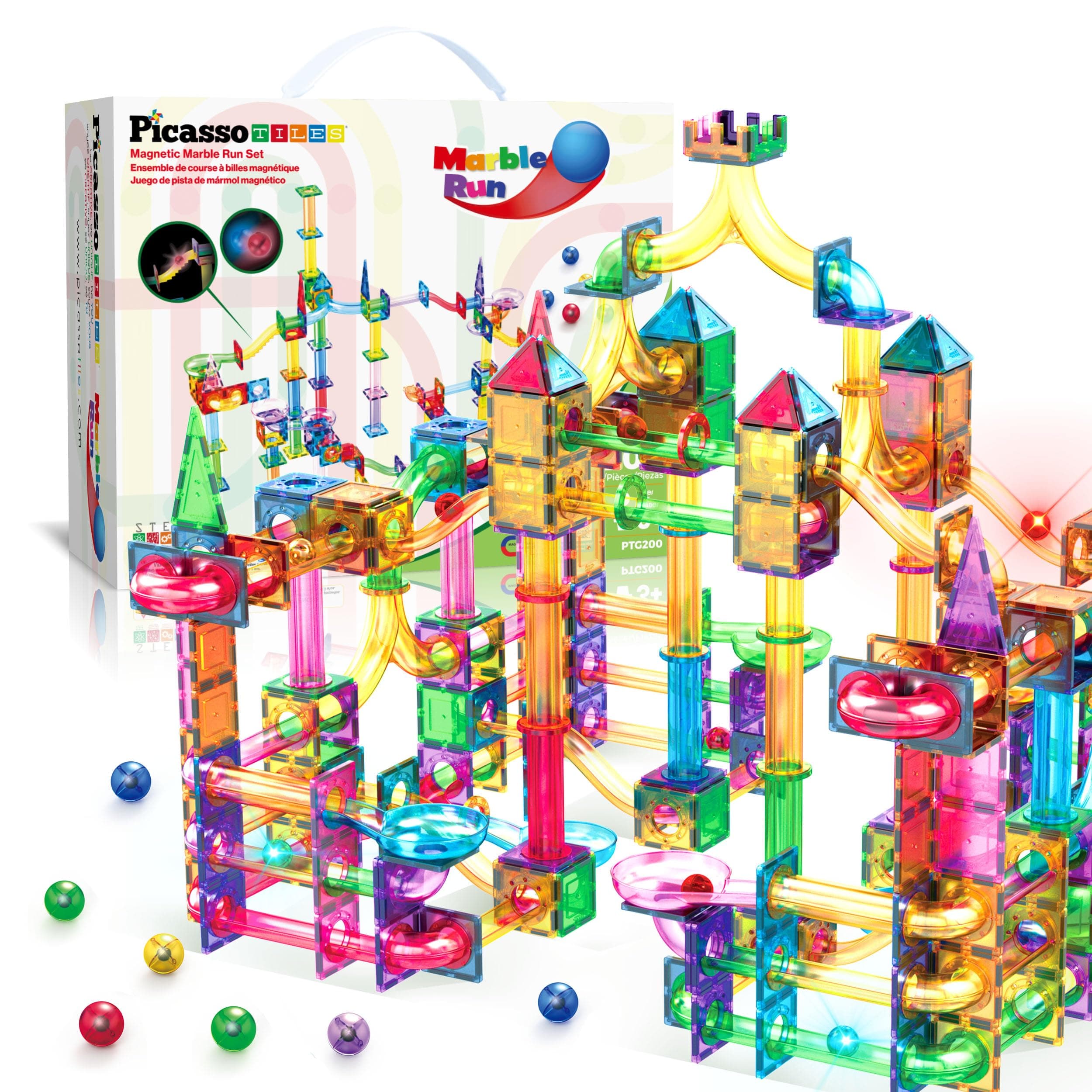 PicassoTiles Marble Run 200 Piece Magnetic Tile Race Track Toy Play Set STEM Building & Learning Early Educational Child Magnet Construction Block Creative Kit Boys & Girls Age 3+ Year Old Toys PTG200