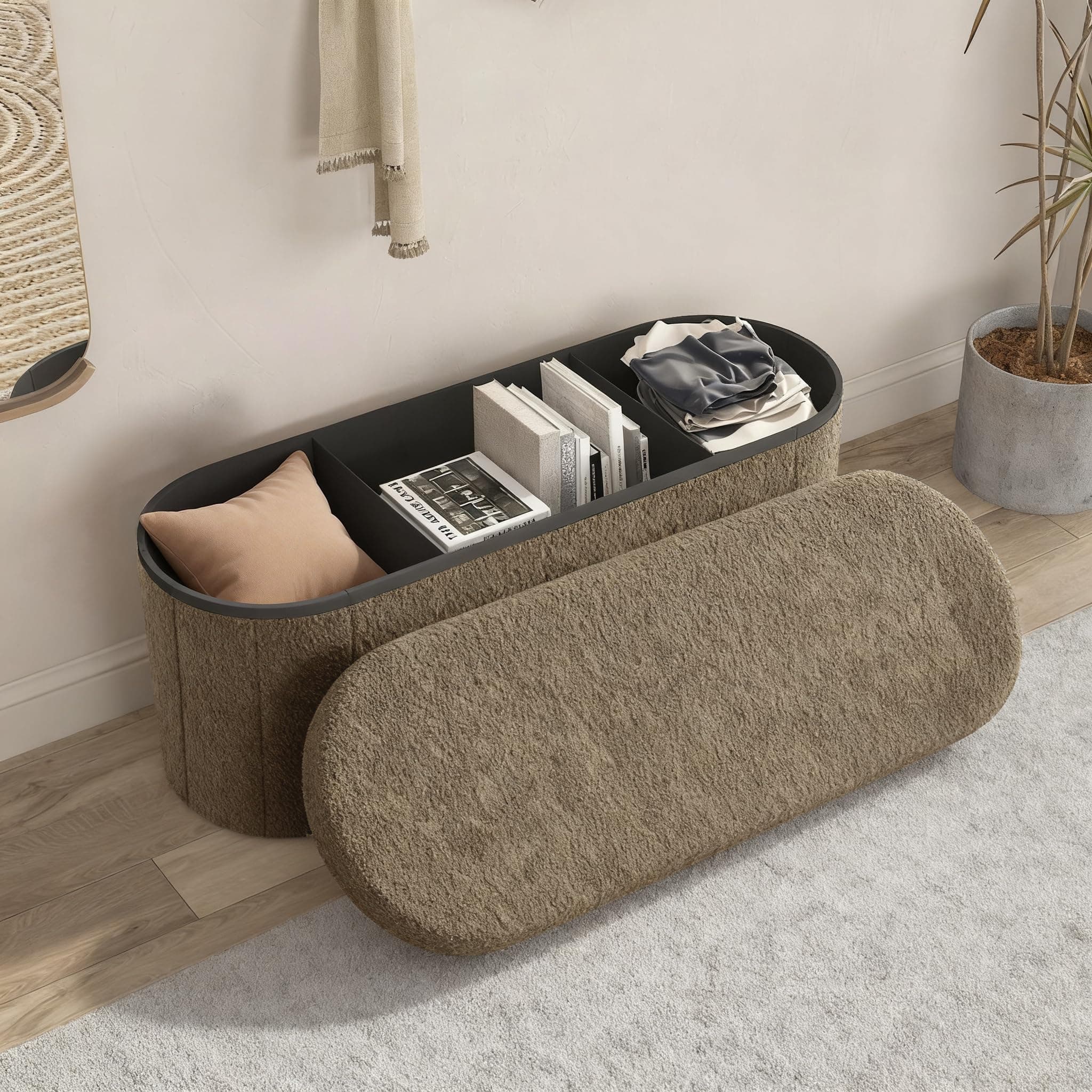 GLAXYFUR Oval Ottoman with Storage for Living Room, Sherpa Bench, Brown