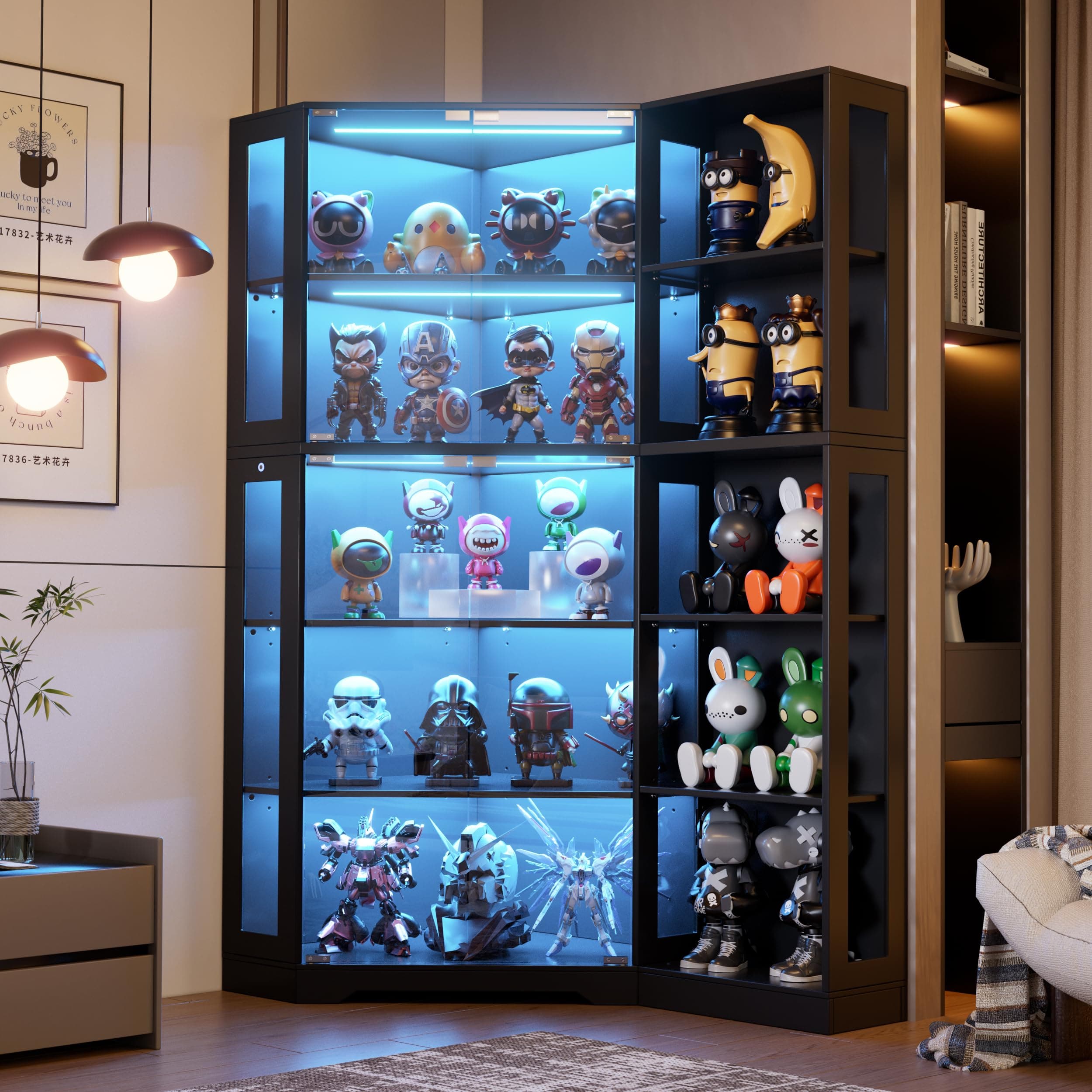 Corner Display Cabinet with Glass Doors, 71" Lighted Curio Cabinet with 3 Color Lights for Collectibles, 5-Tier Display Case with Extra Bookcase for Toys, Books, Black