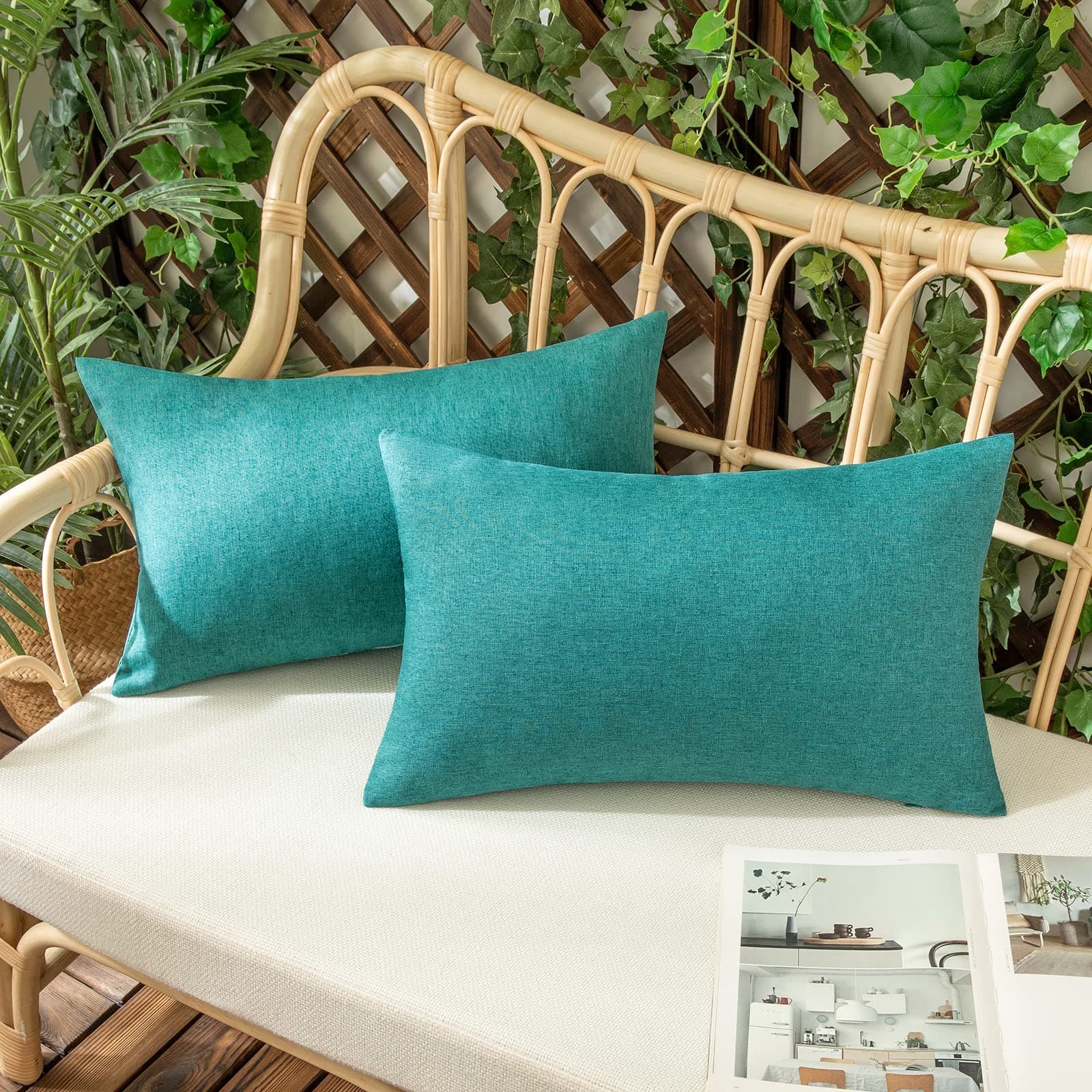 Woaboy Set of 2 Outdoor Waterproof Throw Pillow Covers Decorative Farmhouse Pillowcase Solid Cushion Cases for Bed Sofa Couch Car Living Room Turquoise 12x20 inch