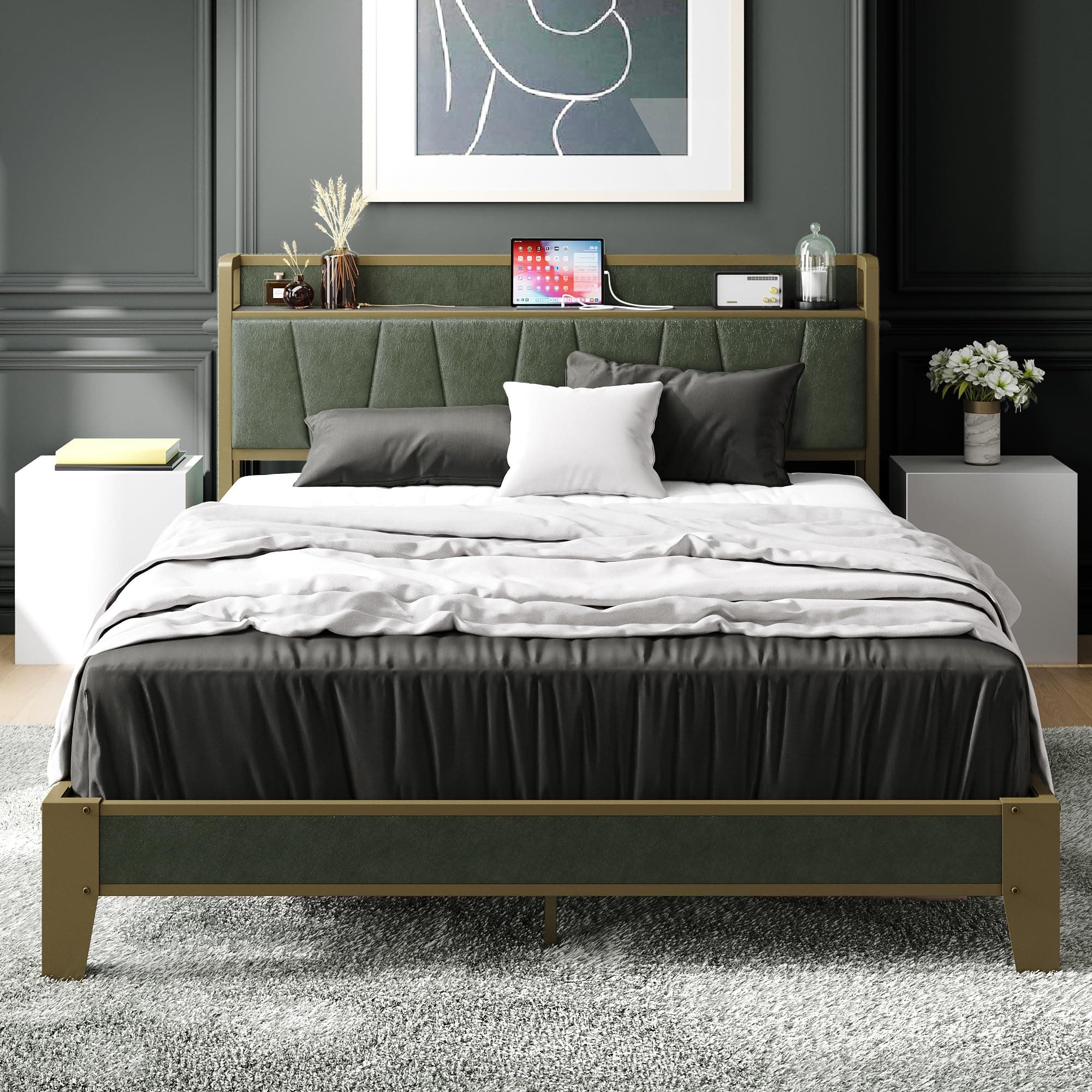 LIKIMIO Queen Bed Frame with Storage Headboard & Charging Station