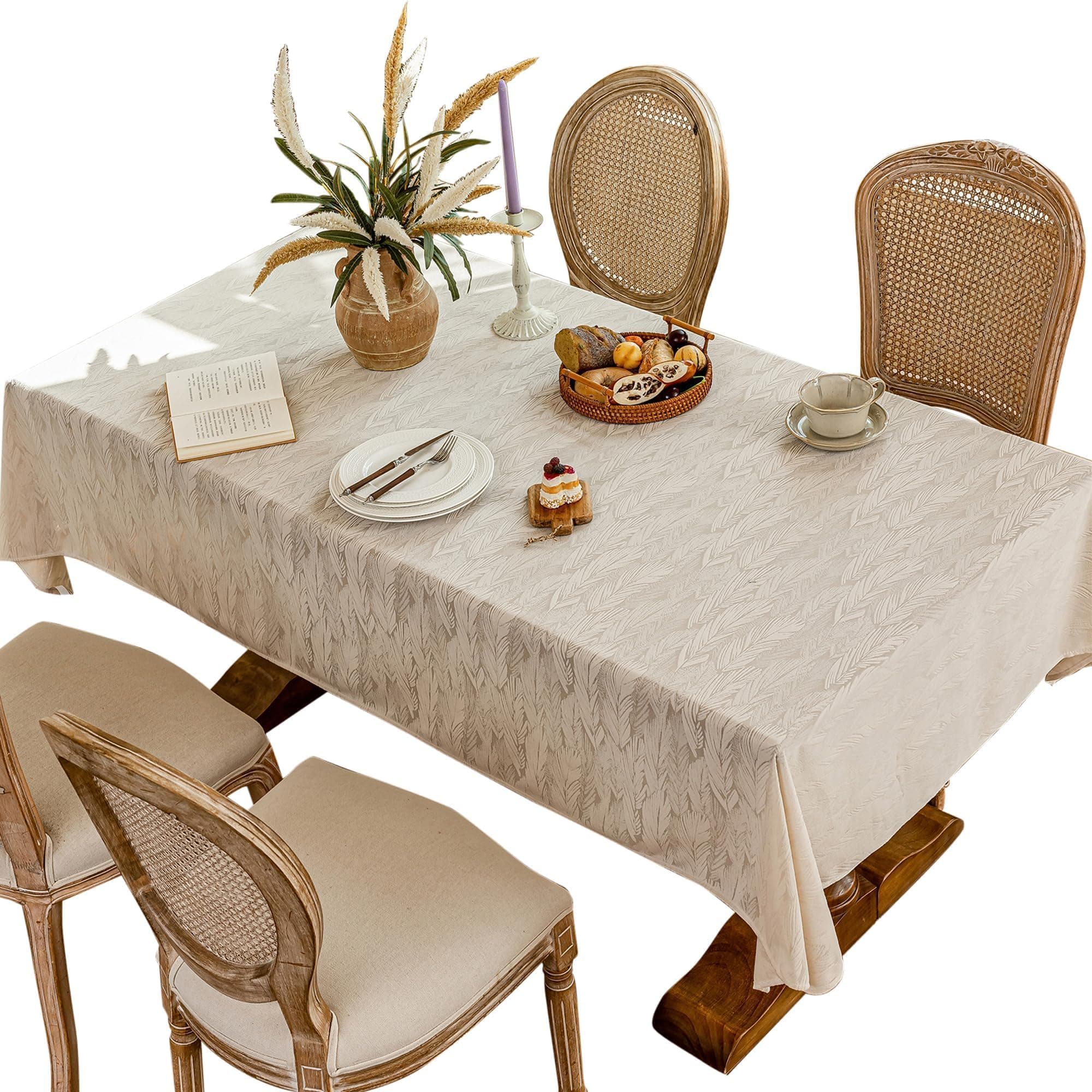 Qubjus Floral Jacquard Mesh Tablecloth, Elegant Textured Rectangular Decorative Table Cover for Dining Table & Home Décor (Meadow Pattern Beige, 55'' x 55'')