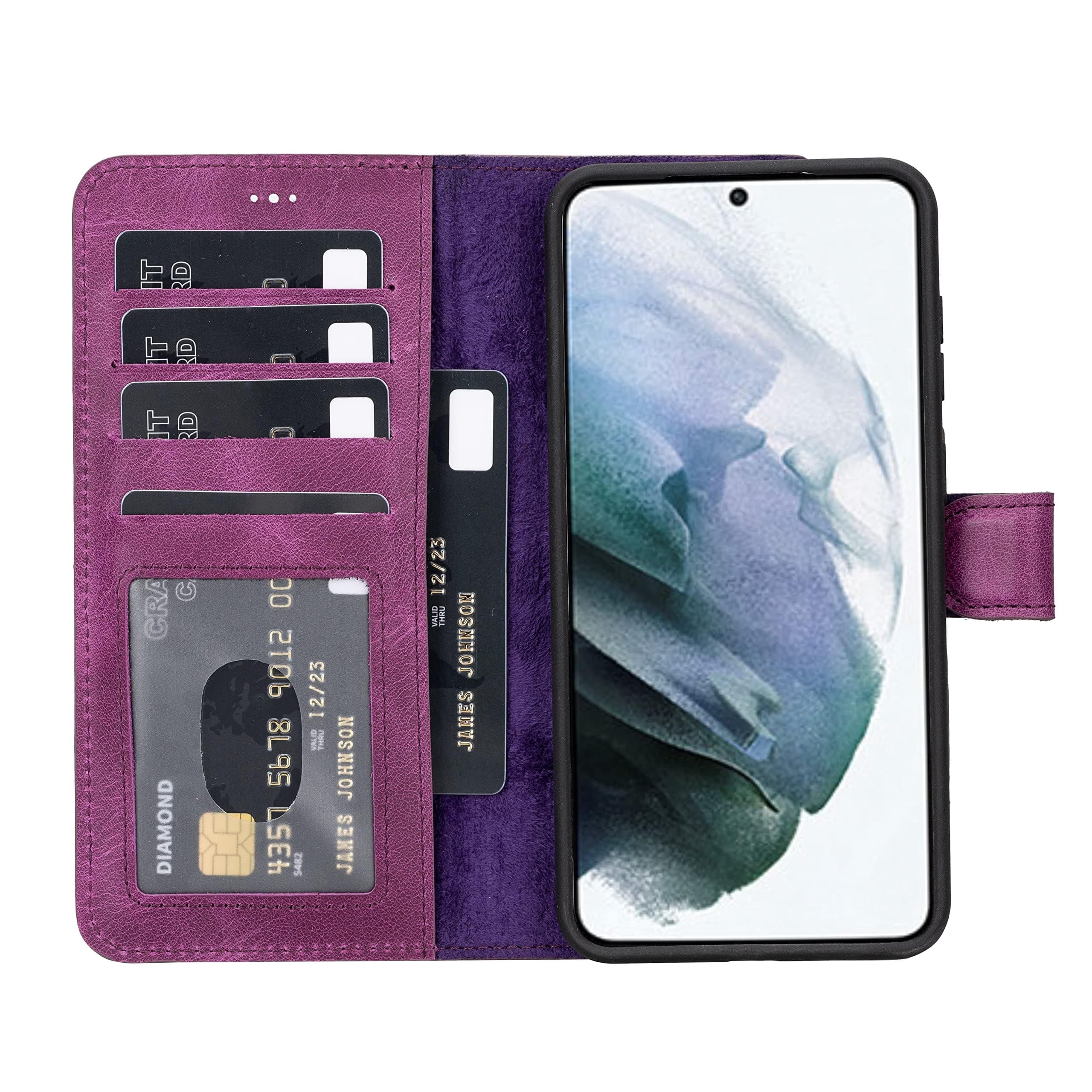 HARDISTON Genuine Premium Leather Samsung Galaxy S24 Plus Wallet Case - Handmade - Detachable Strong Magnetic Flip Cover with Card Holders and Kickstand - Perfect Protection for All Edges (Purple)