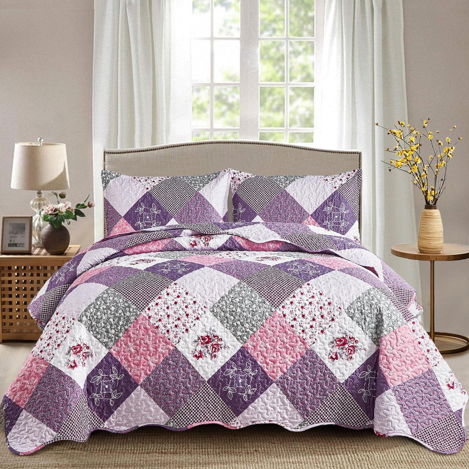 Dinjoy Boho Quilt Set California King, Patchwork Floral Bedspreads, Purple