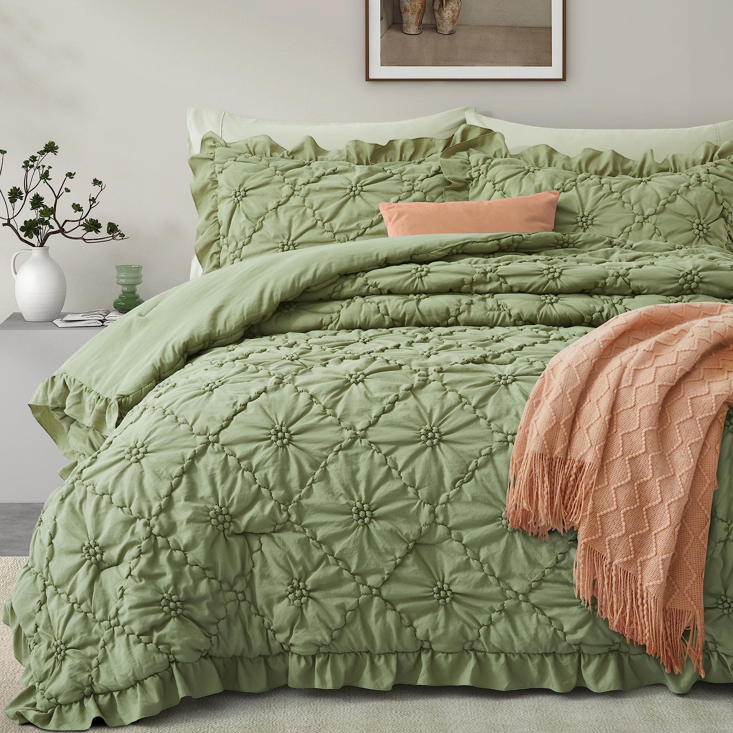 BEDAZZLED King Comforter Set, Green Pinch Pleat Ruffle, 3 Pieces
