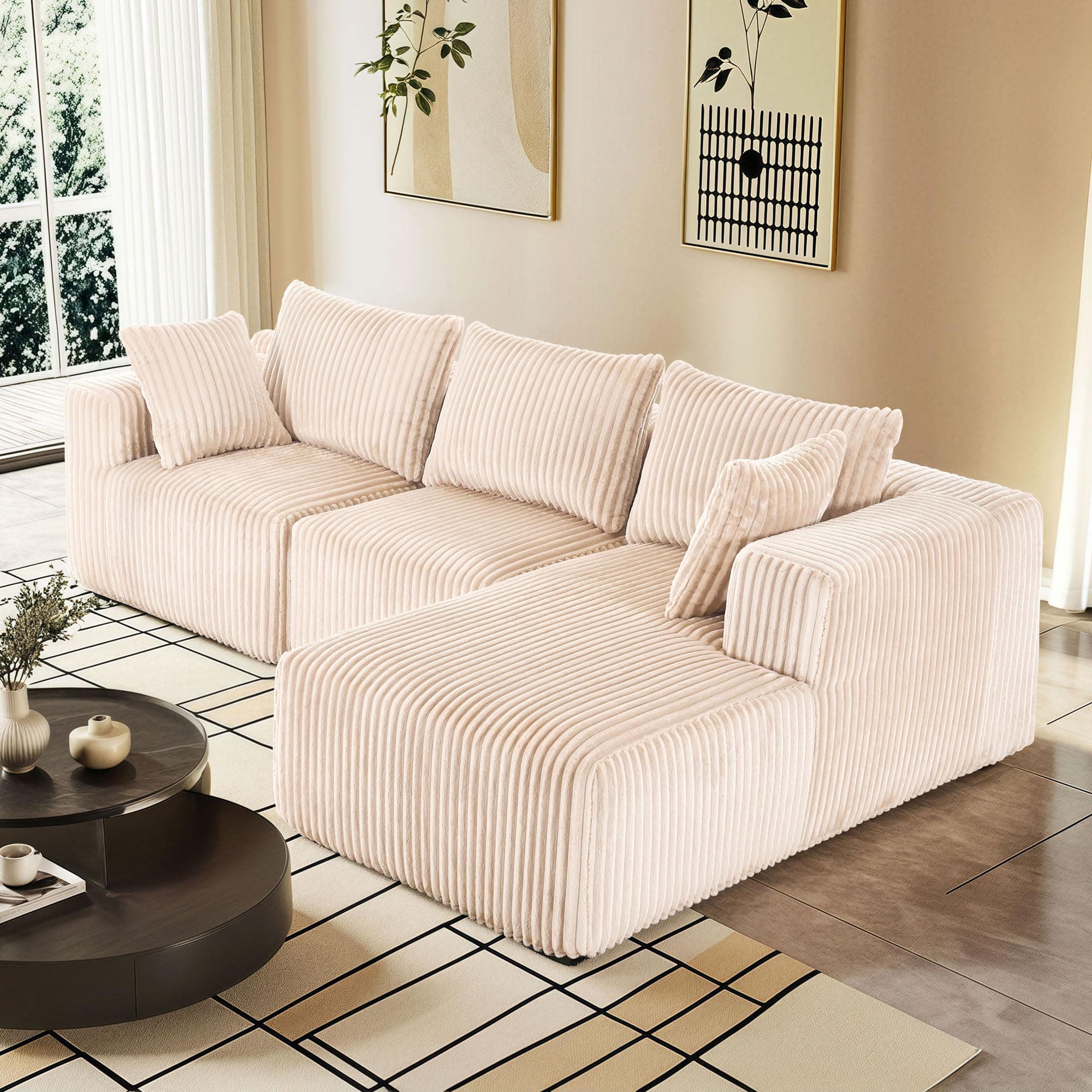 WorthFurni Cloud Modular Sofa Couch with L-Shape Chaise,Modern Sectional with Deep Seat, Upholstered Couches for Living Room Bedroom,No Assembly Required, Plush Corduroy Fabric 102"(Beige)