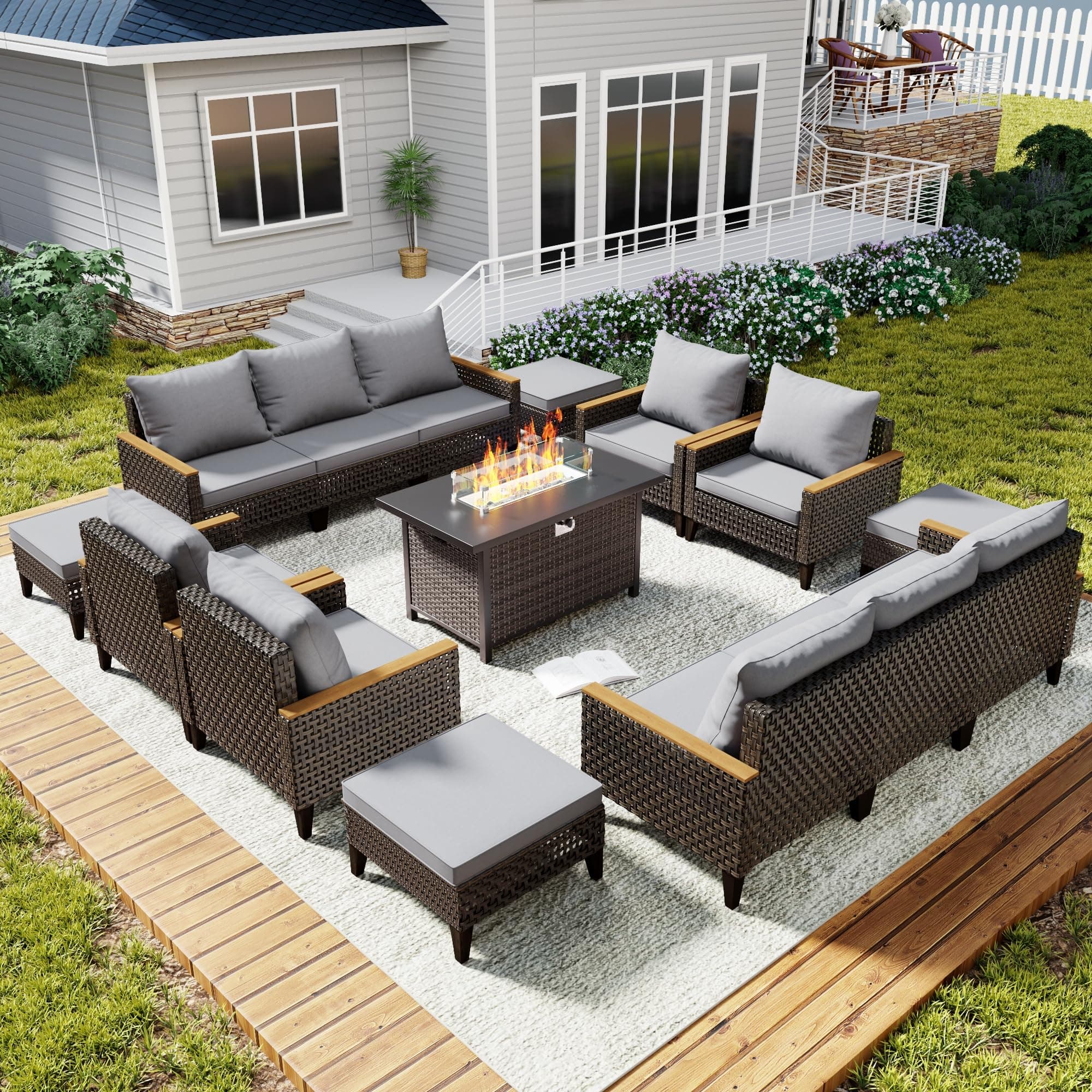 Xmkmvk 15 Piece Patio Sectional Sofa Set with 50000 BTU Fire Pit Table, All-Weather Wicker Rattan Outdoor Conversation Set, High Back, for Garden, Porch, Poolside, Gray