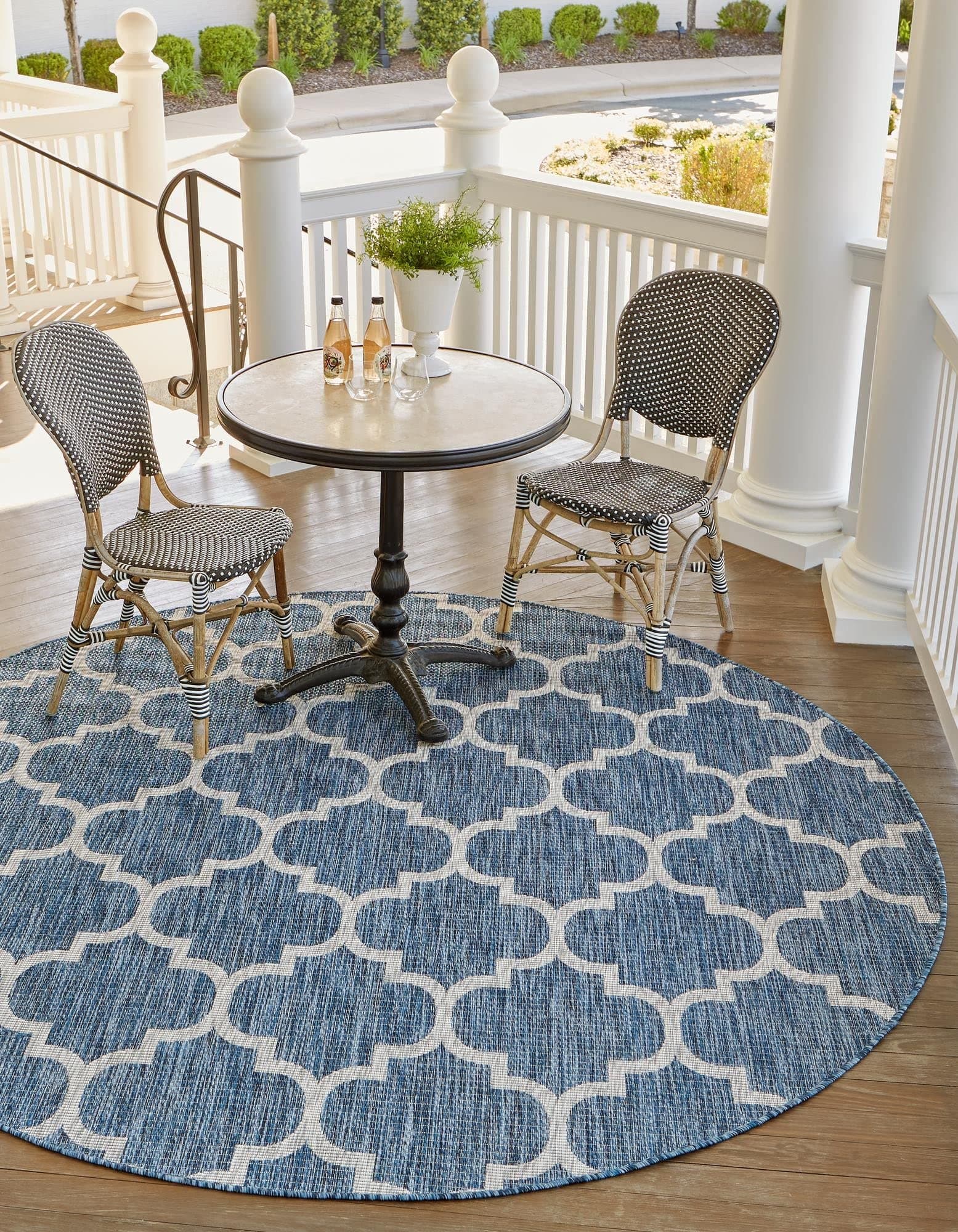 Unique Loom Outdoor Trellis Collection Casual Moroccan Lattice Transitional Indoor and Outdoor Flatweave Navy Blue/Gray Round Rug (7' 10 x 7' 10)