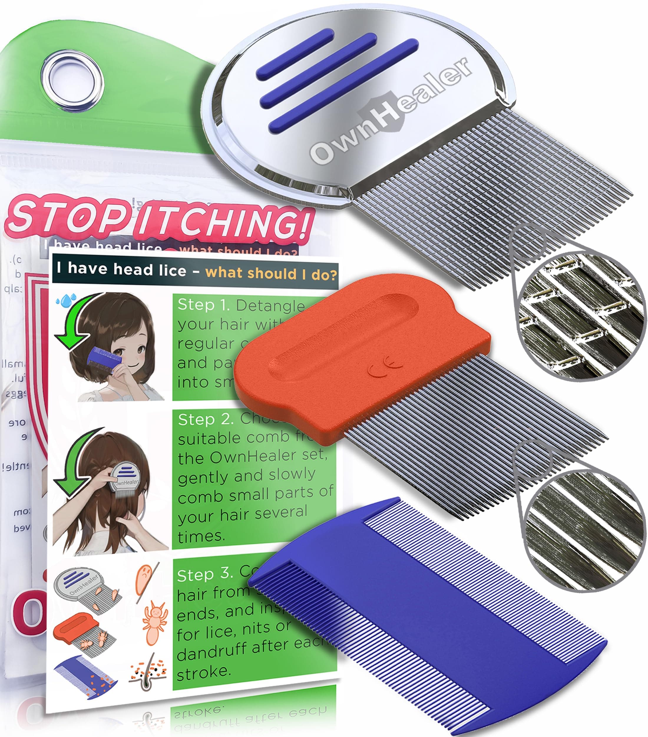 OWNHEALER Professional Lice Comb | Premium Design for Family Hair Types, Head Lice, Nit & Dandruff Removal | Peigne à poux | 3 Combs with Instruction Card
