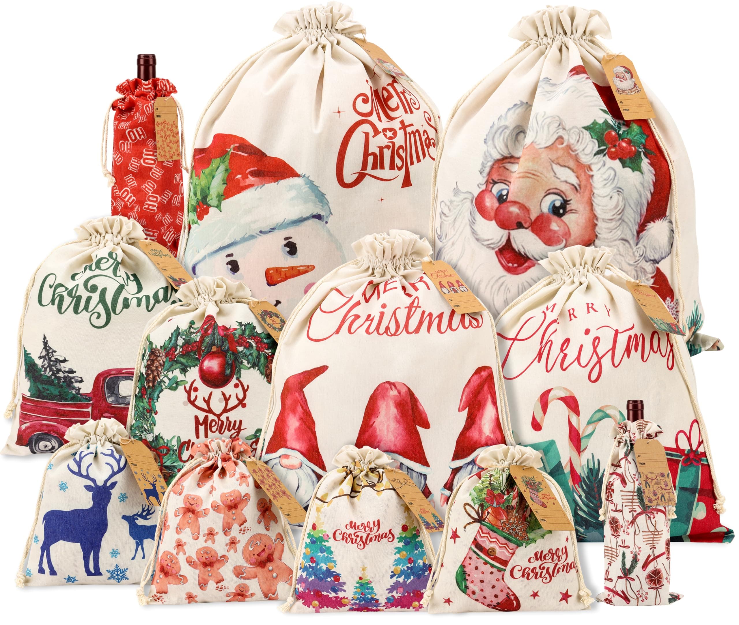 Giiffu 12 Pack Christmas Gift Bags with Drawstrings – Reusable Canvas Holiday Bags in Assorted Sizes – Fabric Santa Sacks with Gift Tags for Wrapping & Storage