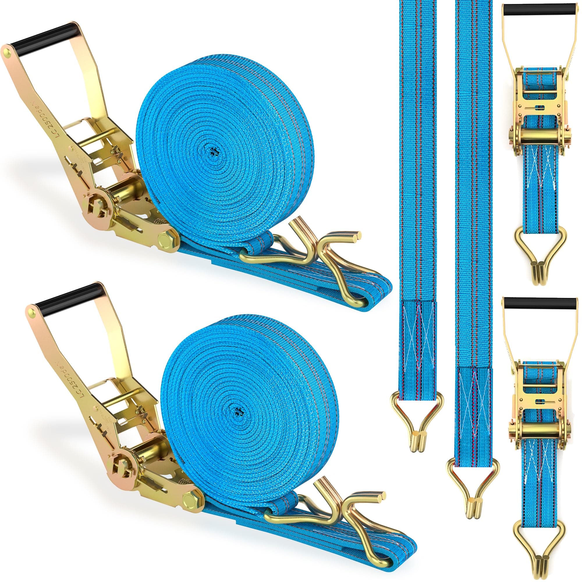 2Pack Heavy Duty Ratchet Straps, 2Inch 32Ft Tie Down Ratcheting with Double J Hook, 4400 LBS Break Strength, Blue Cargo Ratchet Straps for Moving and Securing Cargo Lawn Equipment and Motorcycles