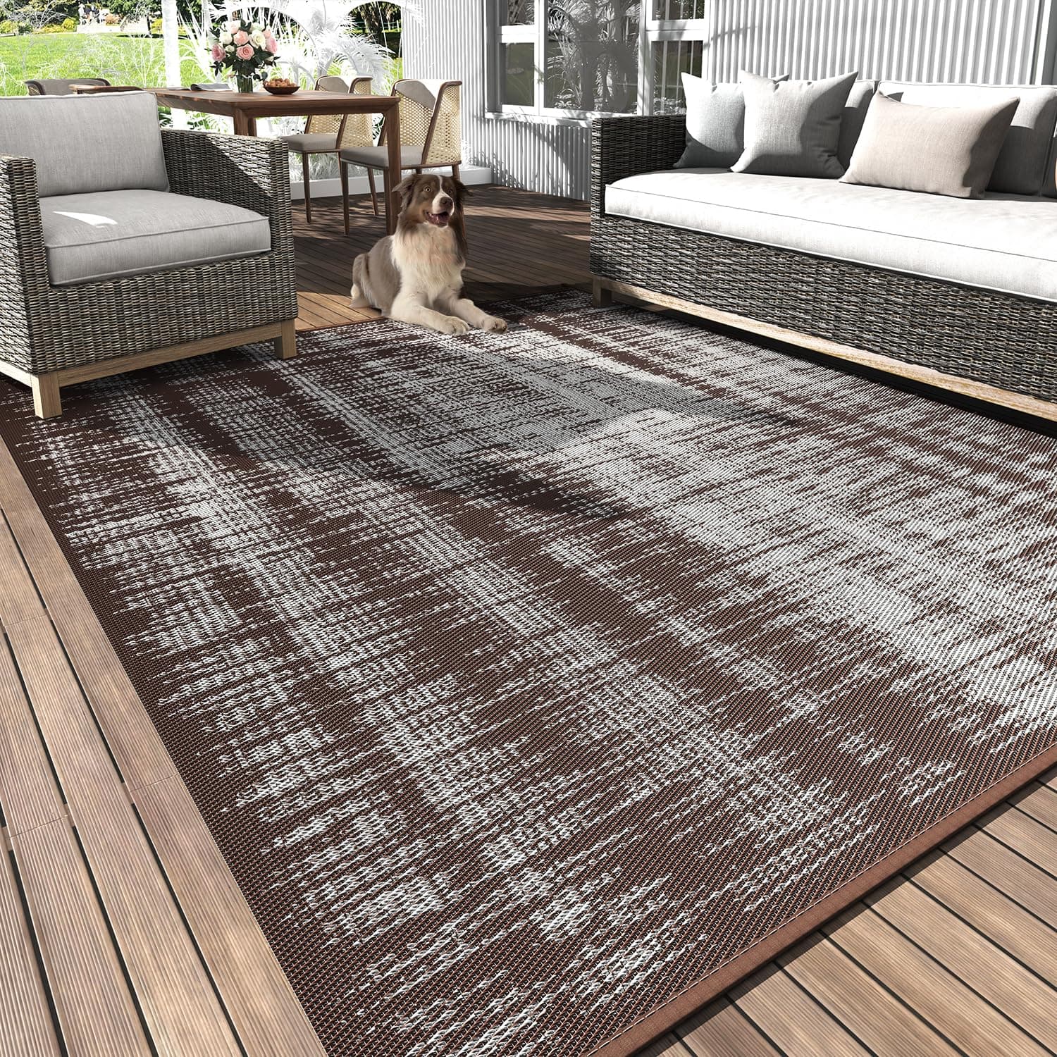COCOER-Outdoor Rug-Patio Rug 8x10 ft Outdoor Carpet Camping Rugs Reversible Mat Modern Plastic Straw Rugs for RV Camper Balcony Backyard Picnic Deck Fashion Beige & Brown