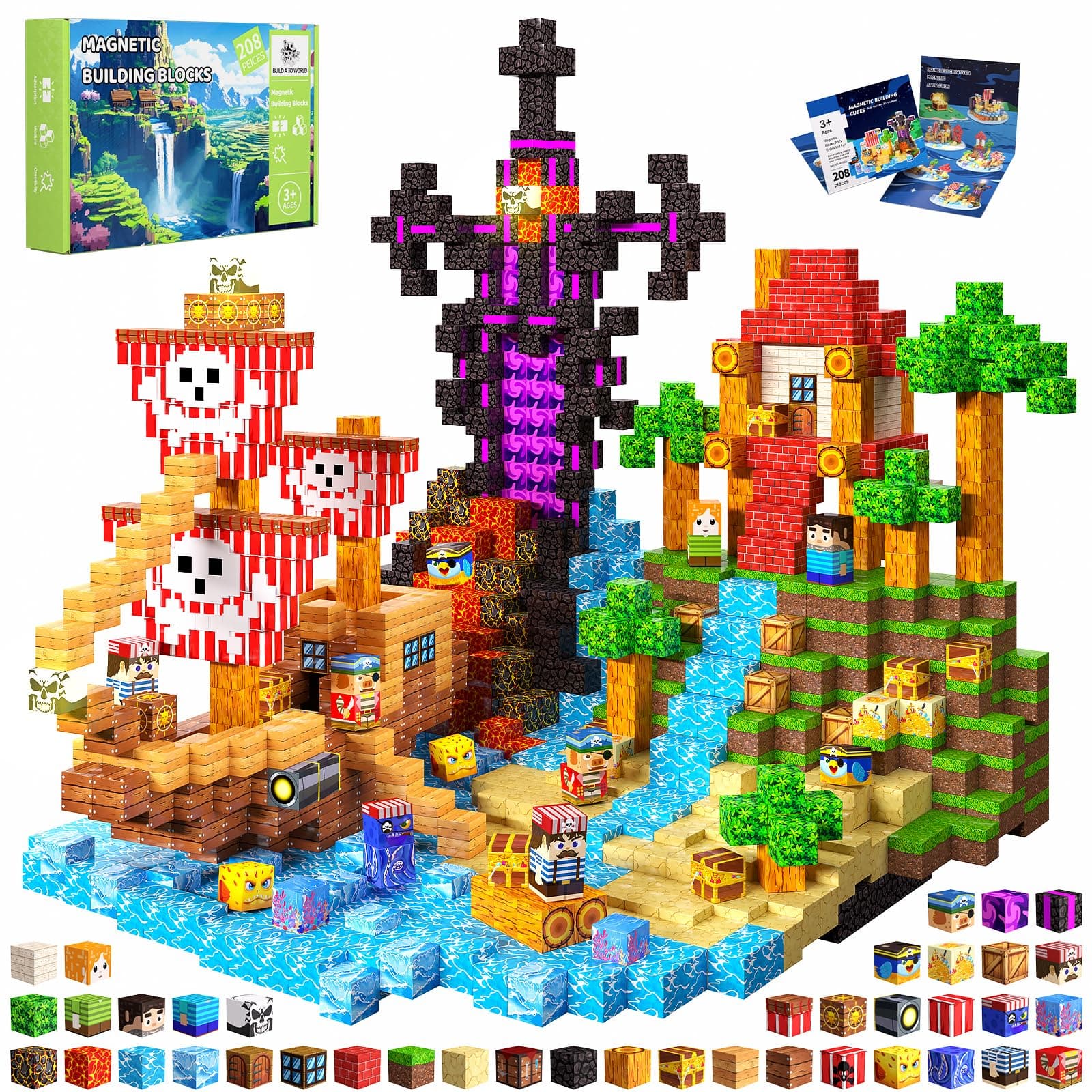 SSAWER Magnetic Blocks, 208PCS Toys Building Blocks Cubes Gifts for Girls