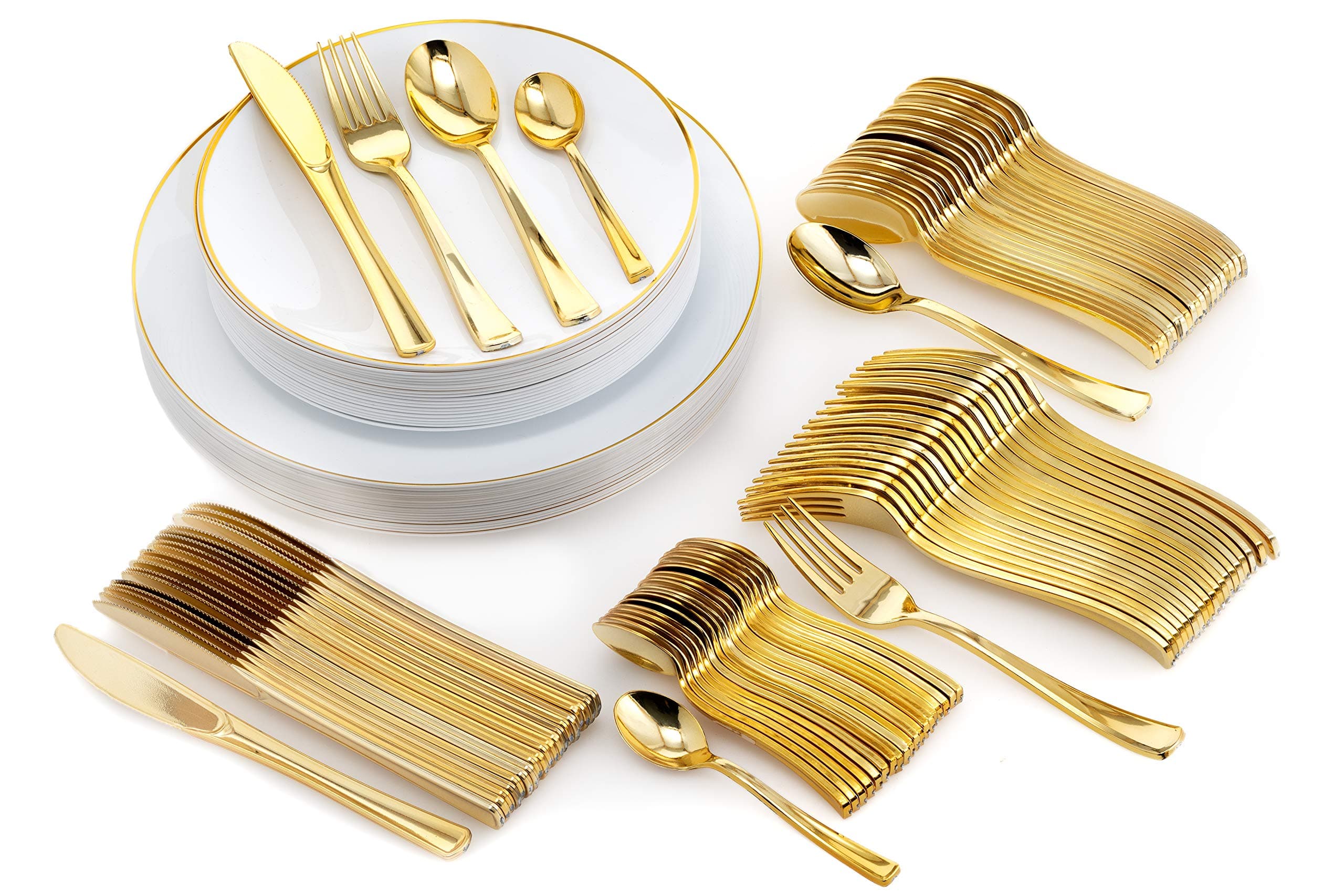 120 Piece White and Gold Rimmed Elegant Premium Quality China Like Disposable Wedding Dinner Plates and Cutlery Set Including Forks Knives Spoons and Tea Spoons for 20 Guests - Trendables