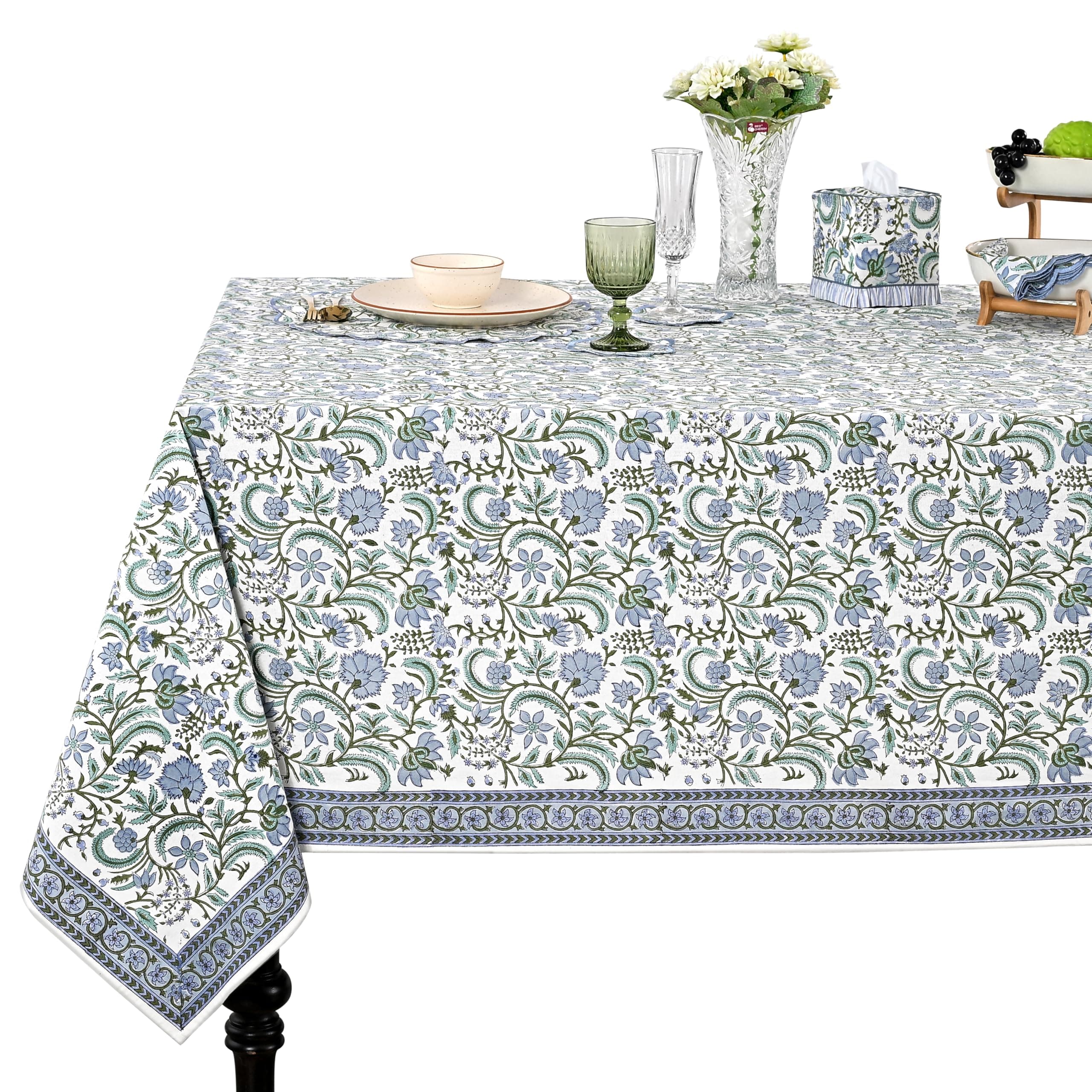 Ridhi Columbia Blue Hand Block Print Rectangle Tablecloth 118x70 Inch