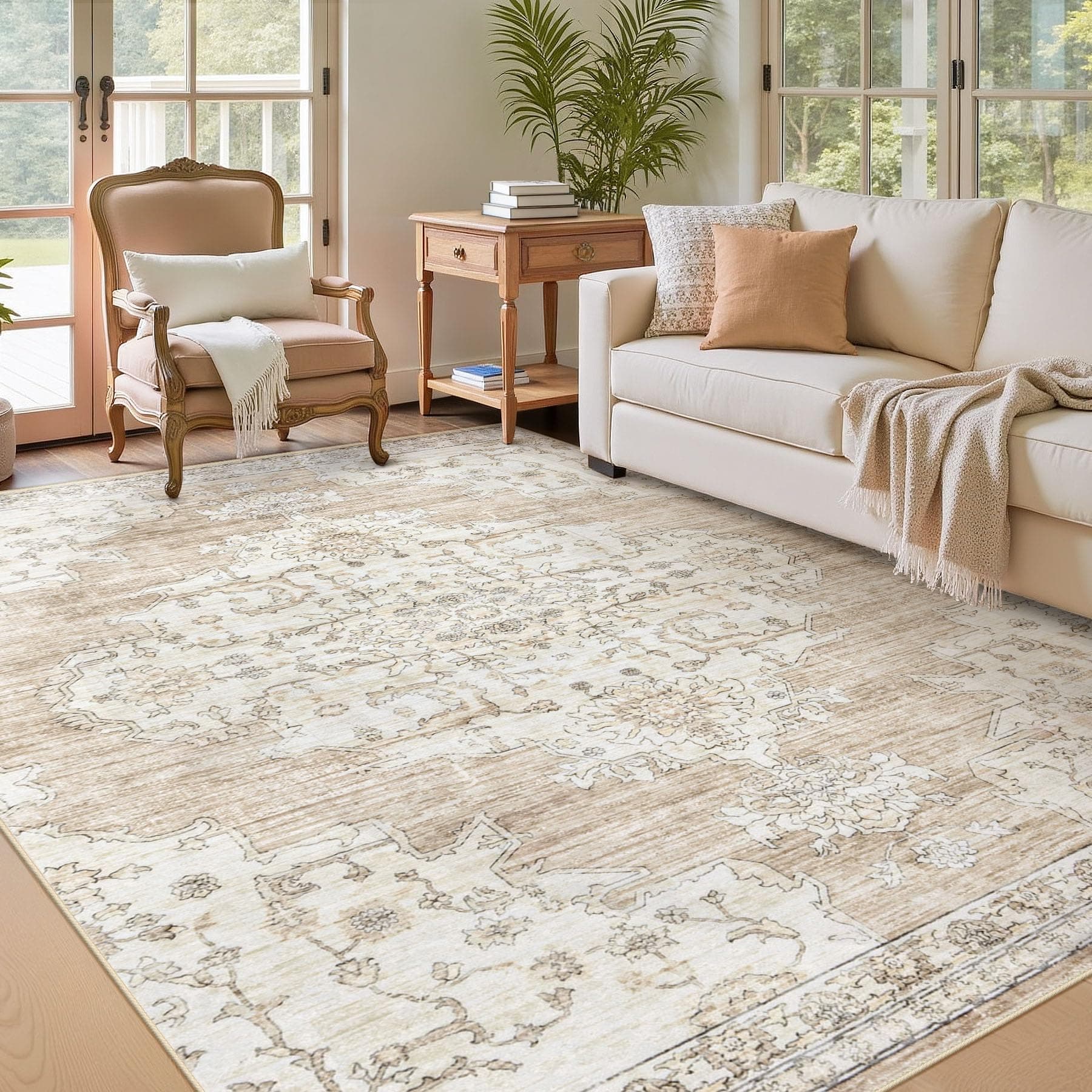 5x7 Area Rugs Washable Rug: Large Vintage Living Room Rug with Non-Slip Backing Low Pile Rugs Soft Indoor Floor Thin Carpet Non Shedding Neutral Carpets for Bedroom Dining Room Farmhouse Nursery Beige