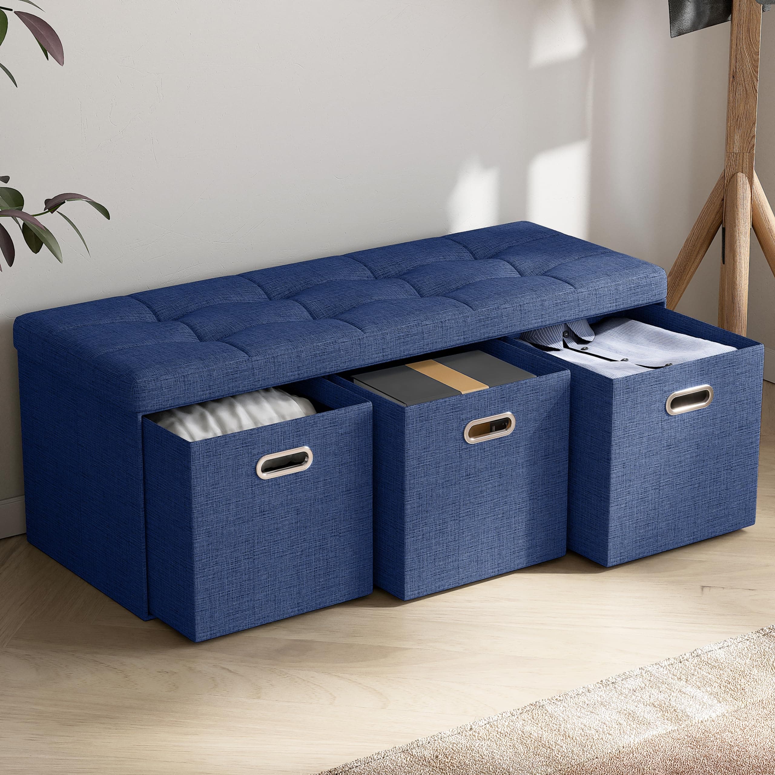 Ornavo Home Foldable Tufted Linen Large Bench Storage Ottoman Foot Rest Stool/Seat with 3 Drawer Cubes - 15" x 45" x 15" (Navy)