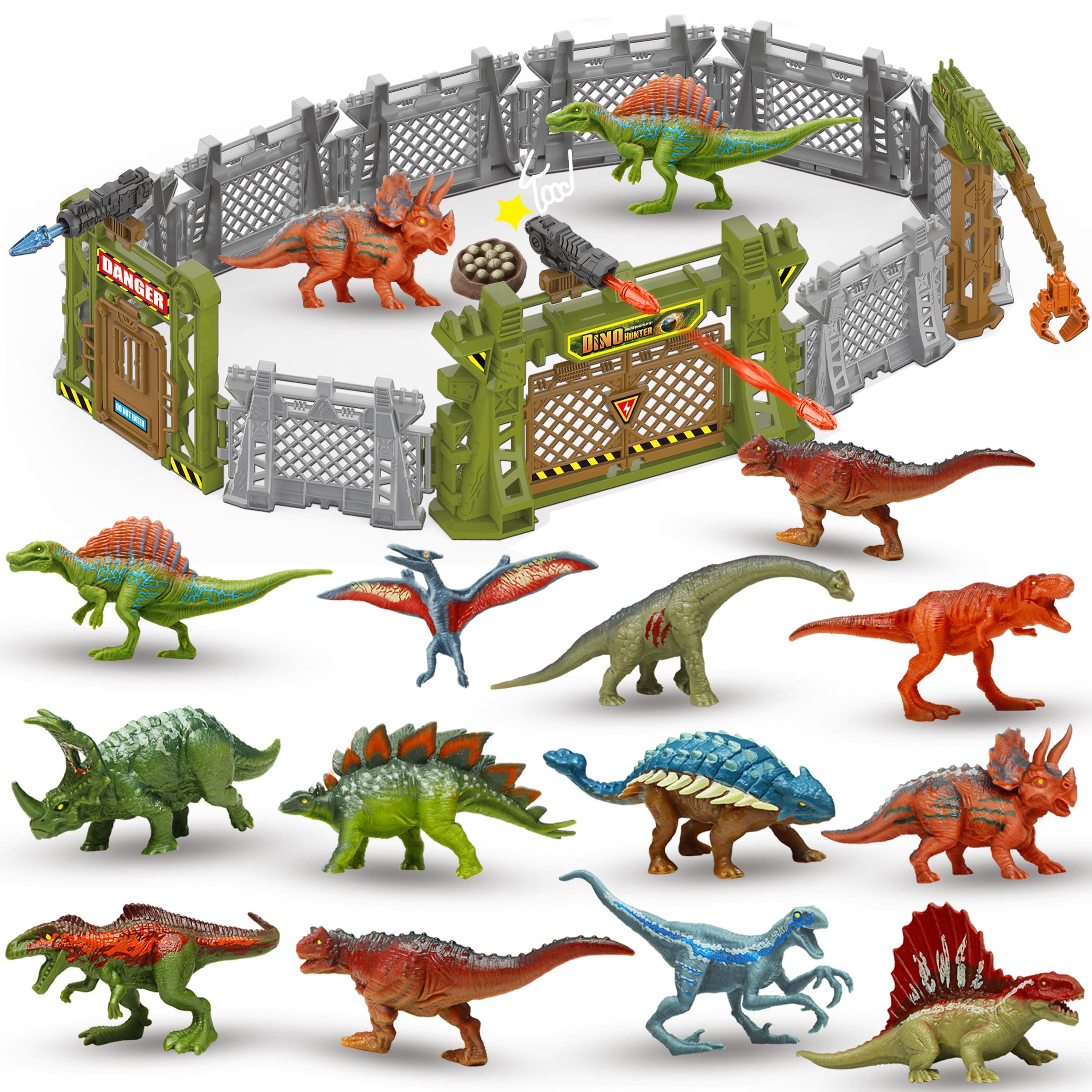 KARMOUNT Dinosaurs Playset - Build with Fences & 12 Dinosaur Toy Figures