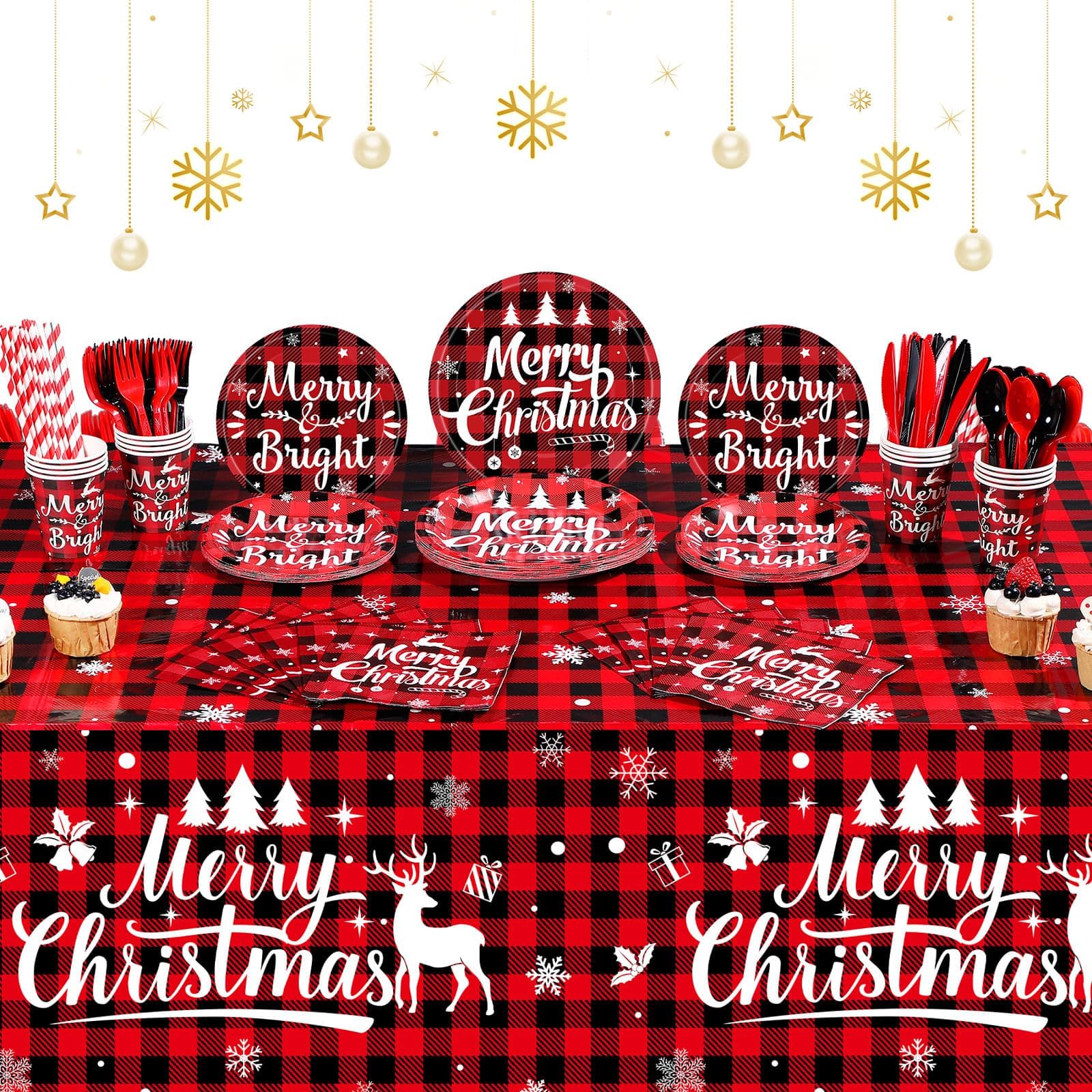 194 Pcs Christmas Buffalo Plaid Party Supplies Red Black Buffalo Plaid Plates Set Christmas Disposable Tableware and Tablecloth Party Pack for Xmas Holiday Party Home Dinner Supply, Serves 24