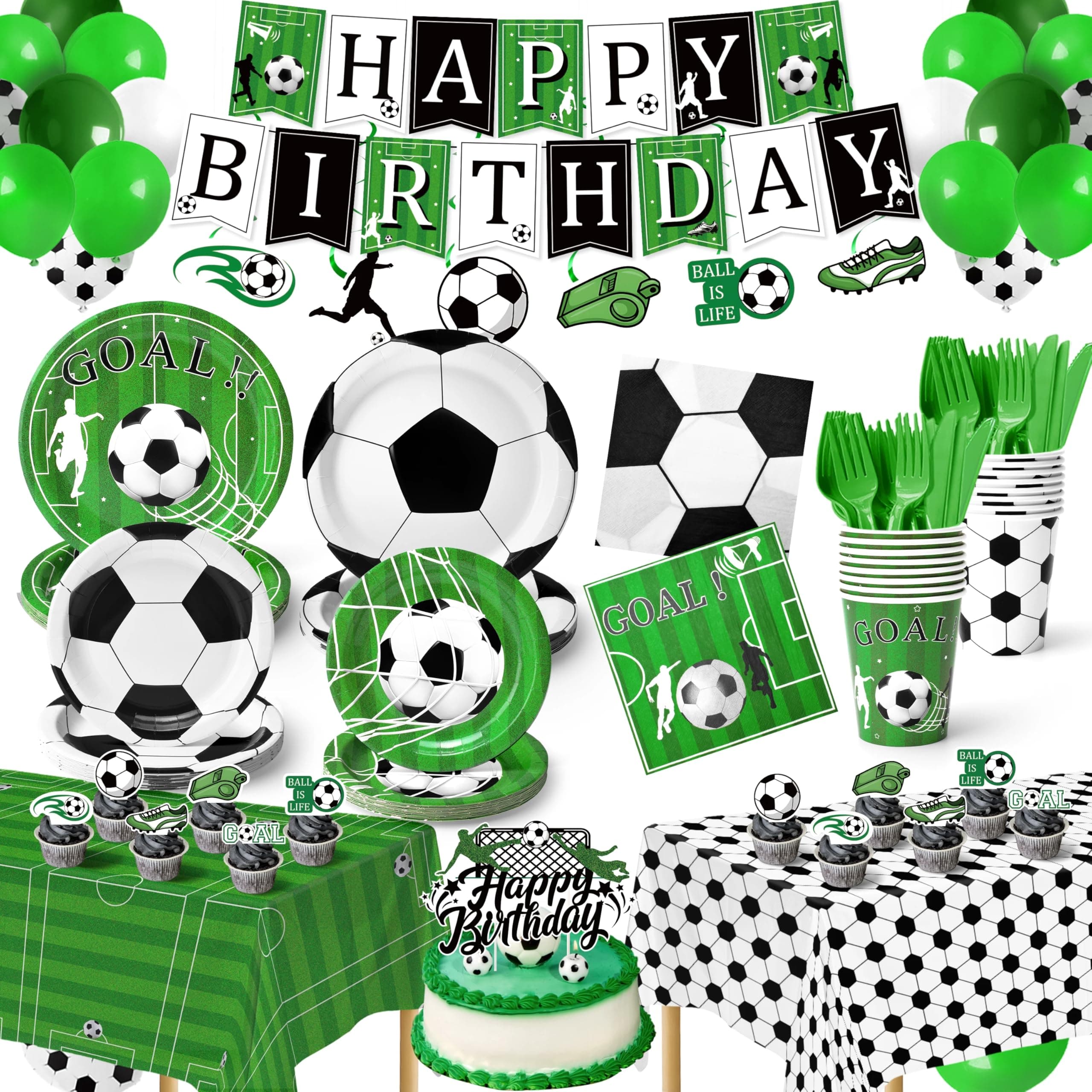 232 Pcs Soccer Party Decorations - Serves 30 with Plates and Napkins, Cups, Forks, Birthday Banner, Swirls, Cake Toppers, Balloons, Tablecloths, Forks, Knives for Soccer Birthday Party Supplies