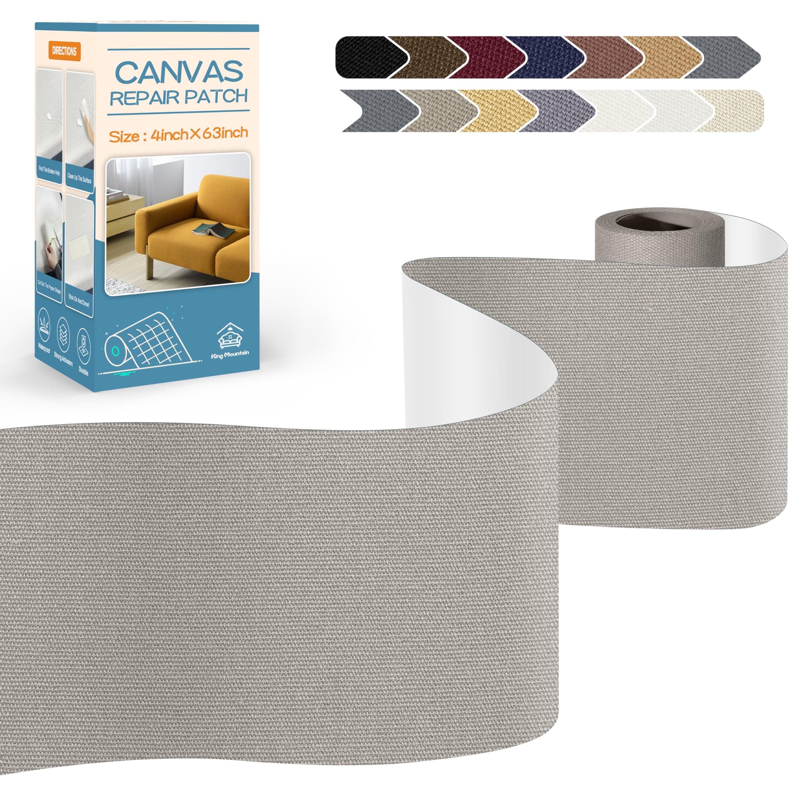 KING MOUNTAIN Canvas Repair Tape,Outdoor Gear Patch, 4×63 Inches,Waterproof,Self-Adhesive for Repairing Boat Covers,Sun Shades,Sofas,Tents,Lounge Chairs,Awnings (Light Grey)
