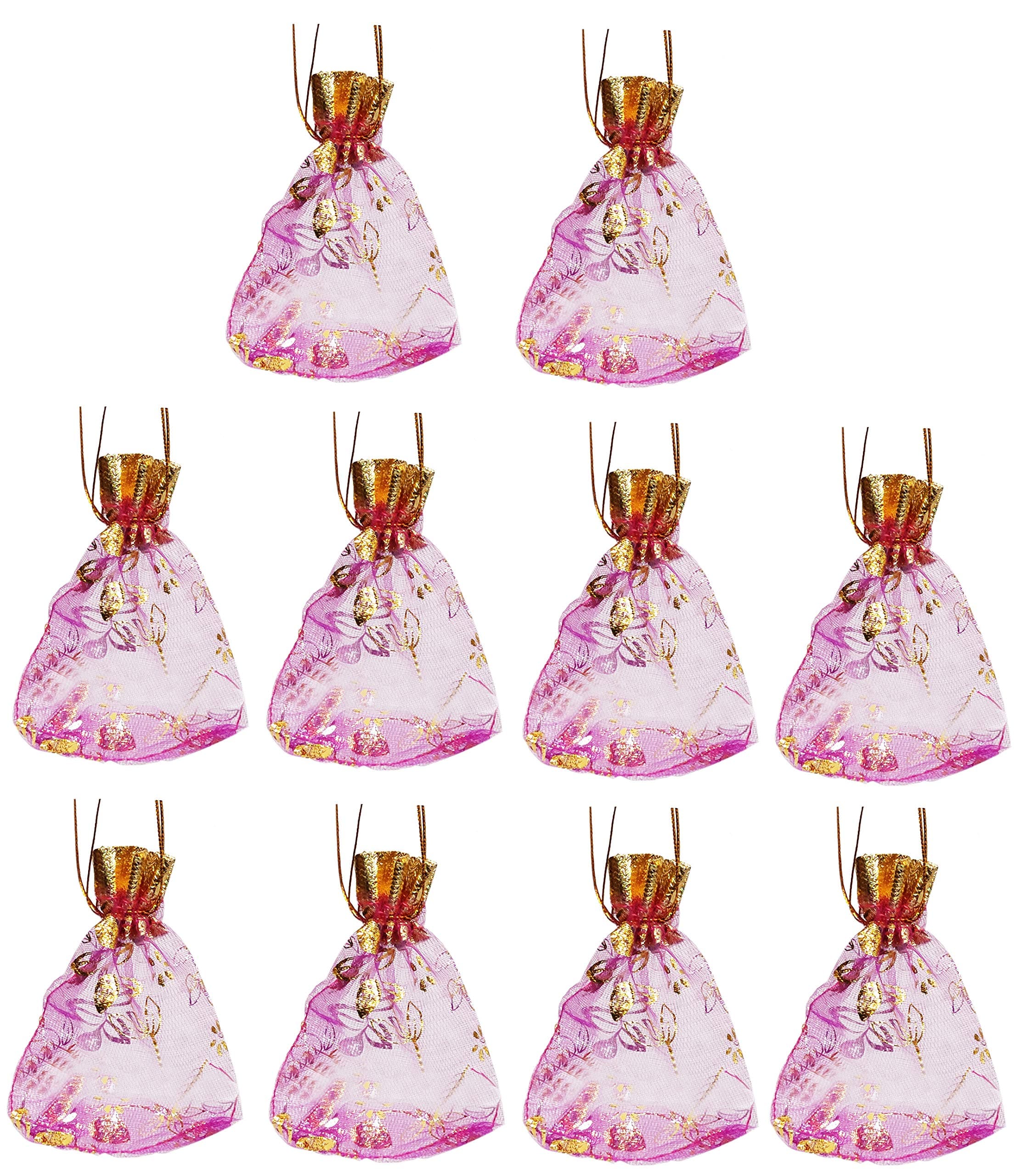 Purpledip Polyester Net Brocade Gift Pouch, Red, 4 Inches: Pack of 10 Potli Gift Bags (12079)
