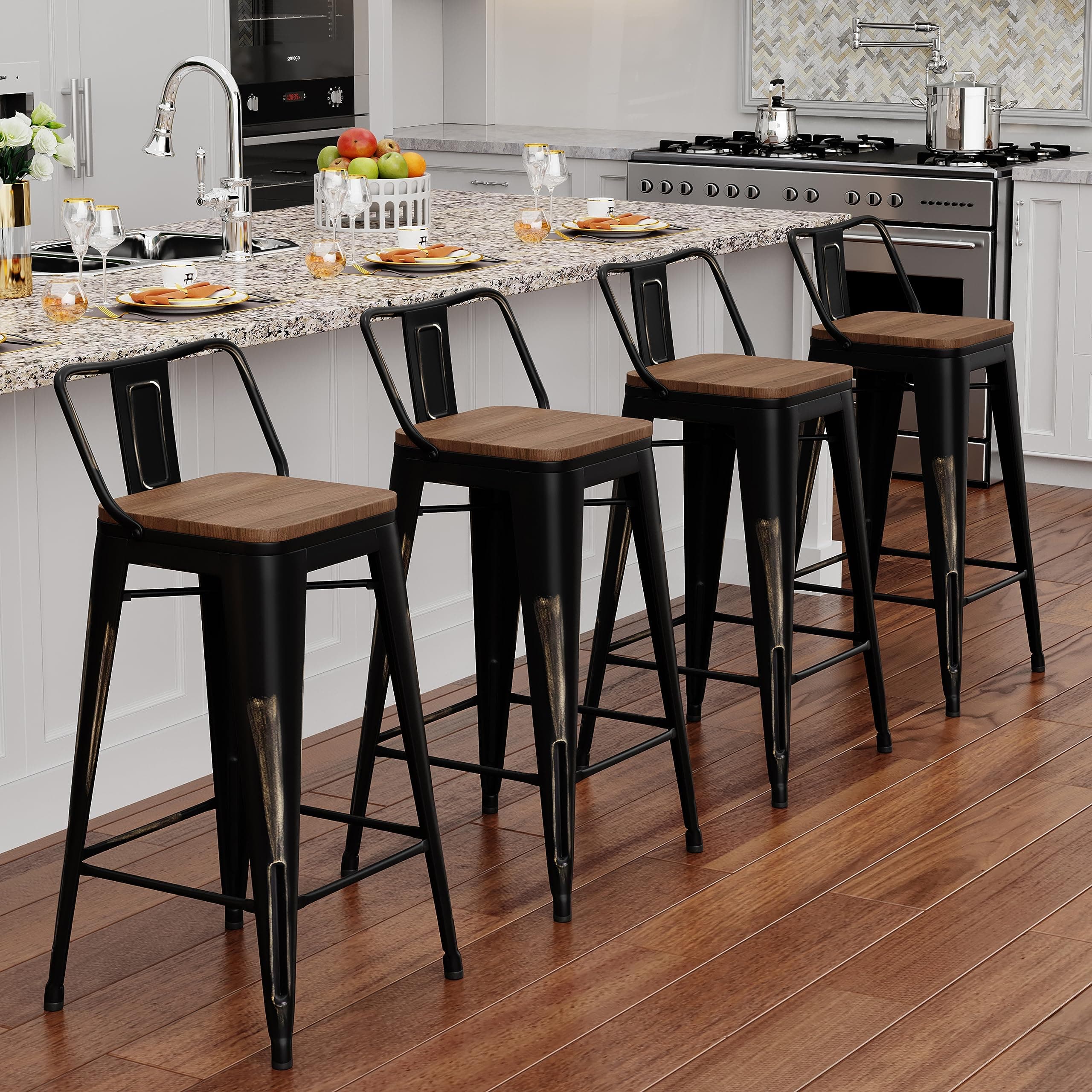 Alunaune 26" Industrial Metal Bar Stools Set of 4 Counter Height Barstools Kitchen Bar Chairs with Modern Wooden Seat, Distressed Gold Black