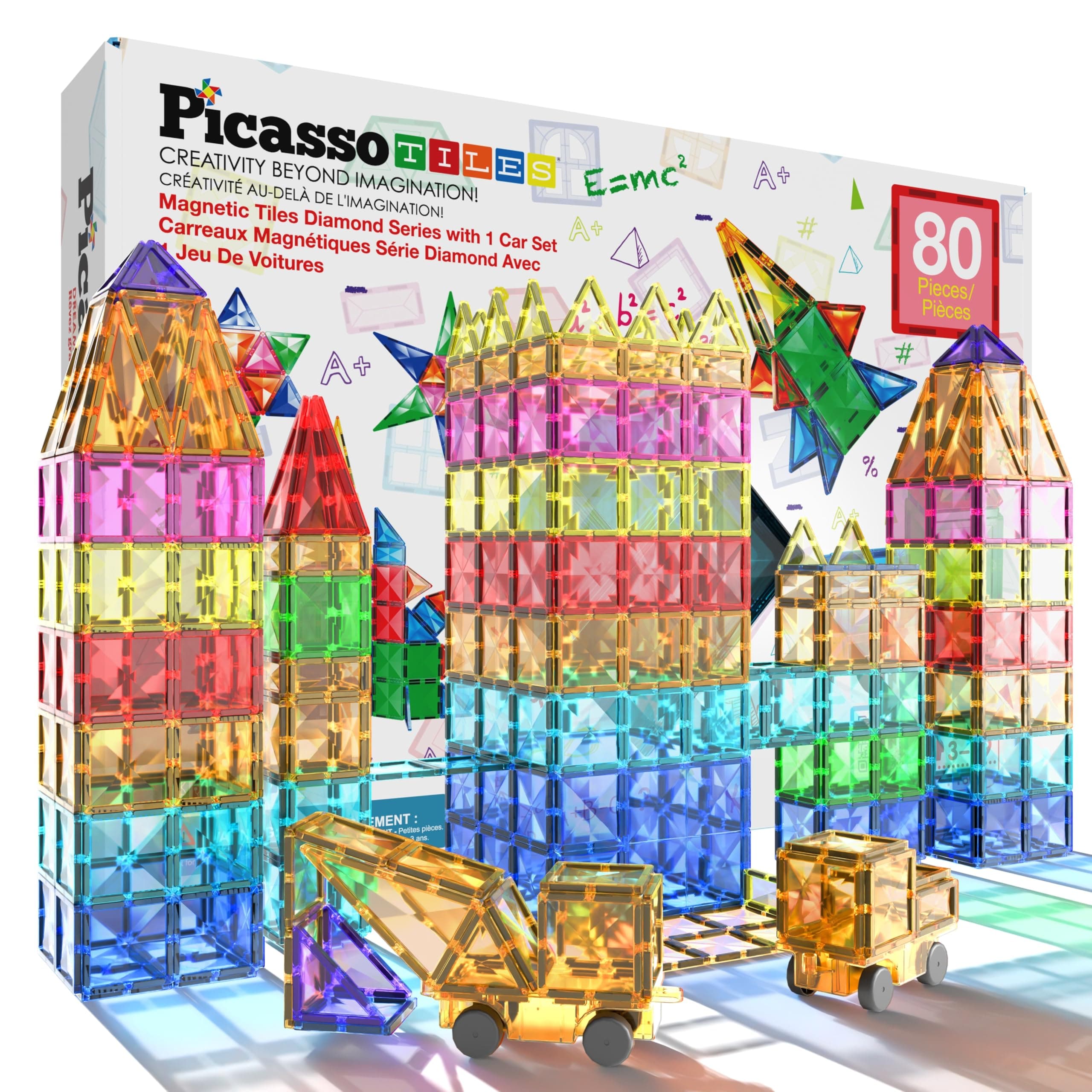 PicassoTiles 80 Piece Diamond Blocks, Picasso Magnetic Tiles with Car Kit