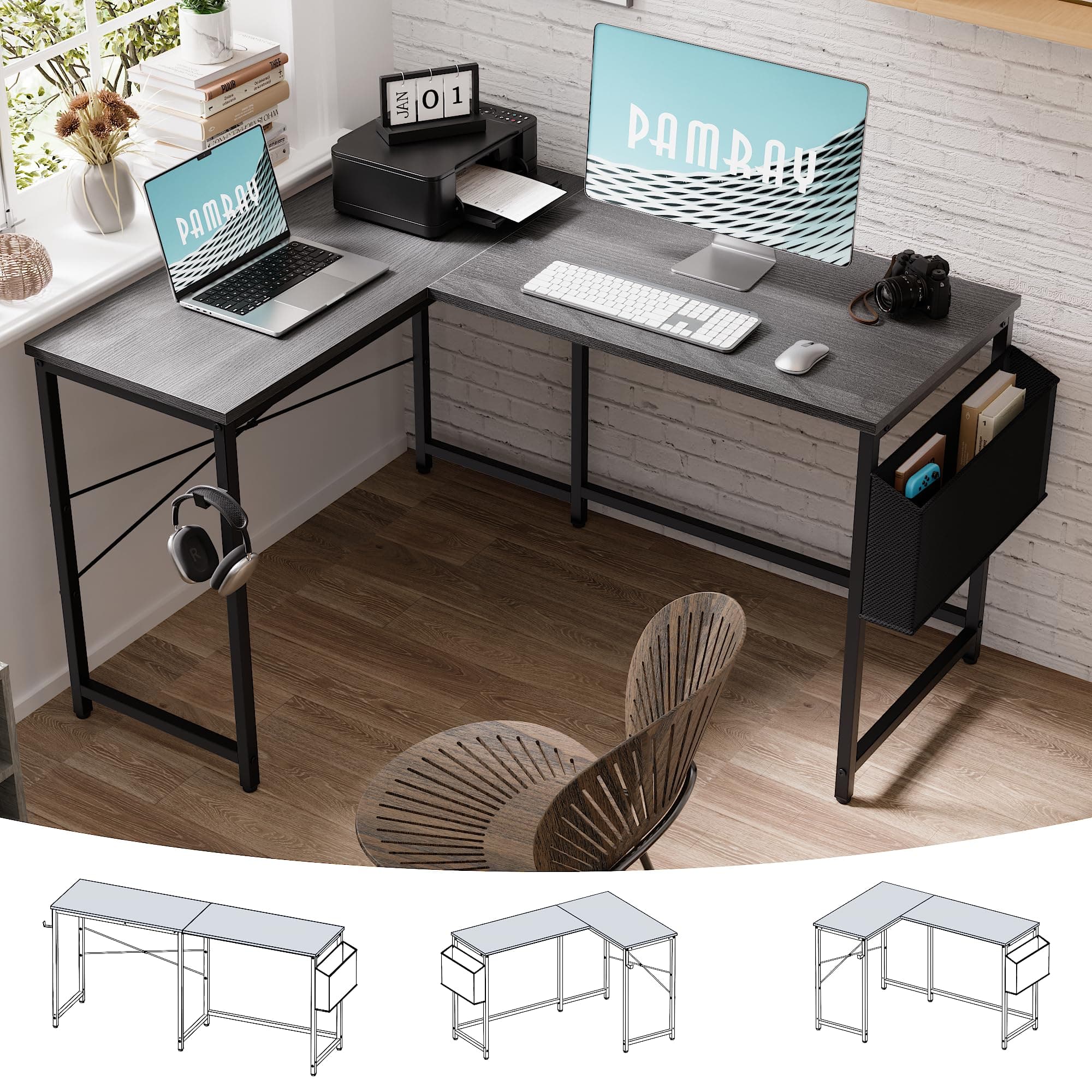 PAMRAY 47 Inch Reversible L Shaped Gaming Desk Corner Computer Desk with Storage Bag Home Office Table for Writing Study Grey