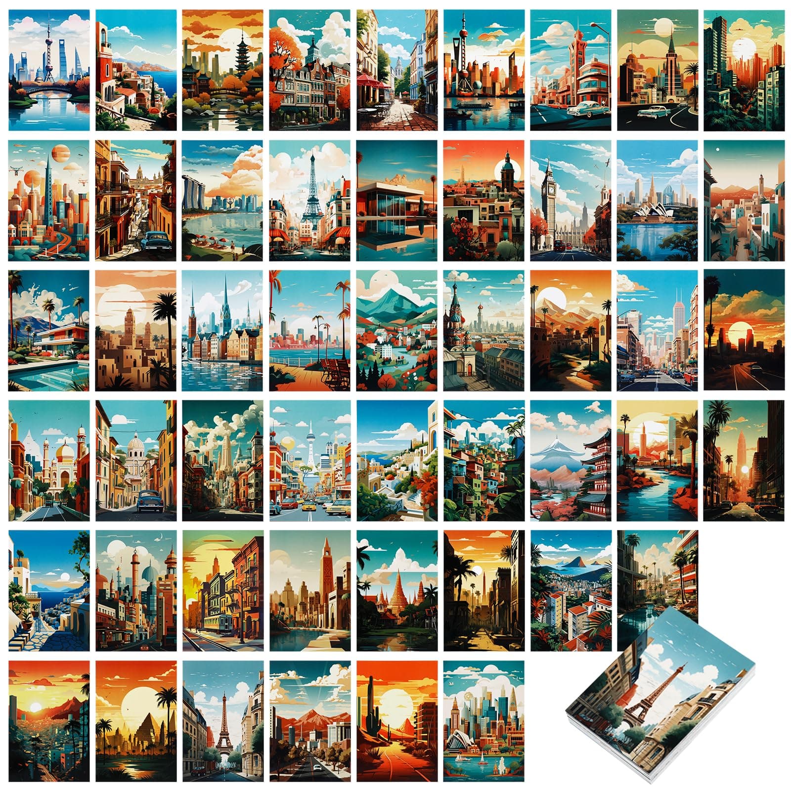 Resflyar 50 PCS National Parks Postcard Set,Vintage Travel Posters Illustrations Postcards, Popular Cities Landscape Aesthetic Post Cards for Students Teachers Room Decor, 4x6 Inch