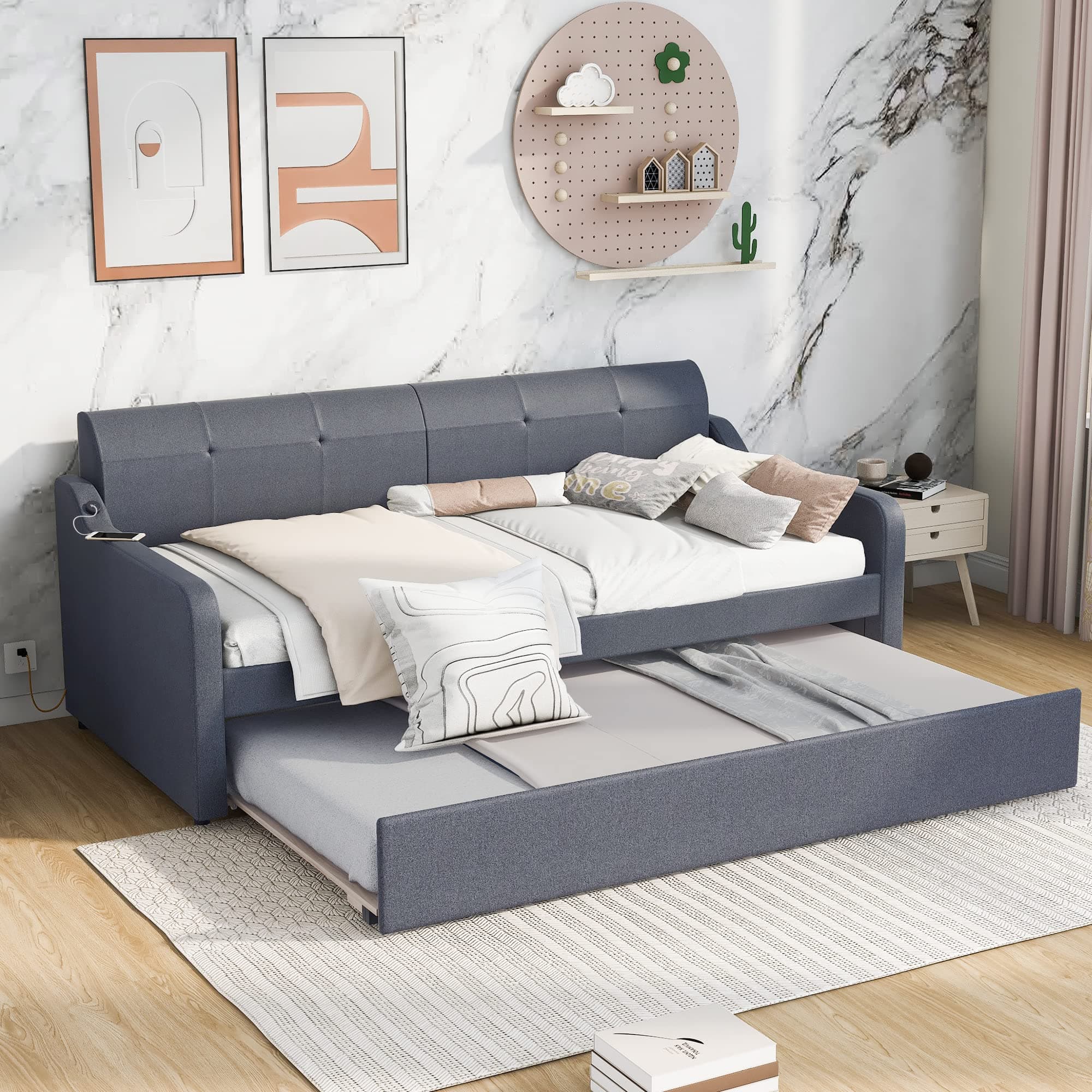 Acosure Twin Size Upholstery DayBed with Trundle and USB Charging Design,Trundles can be Flat or Erected,Wood Sofa Bed Frame W/Backrest & 2 Armrests,for Apartment,Bedroom,Guest Room,Gray
