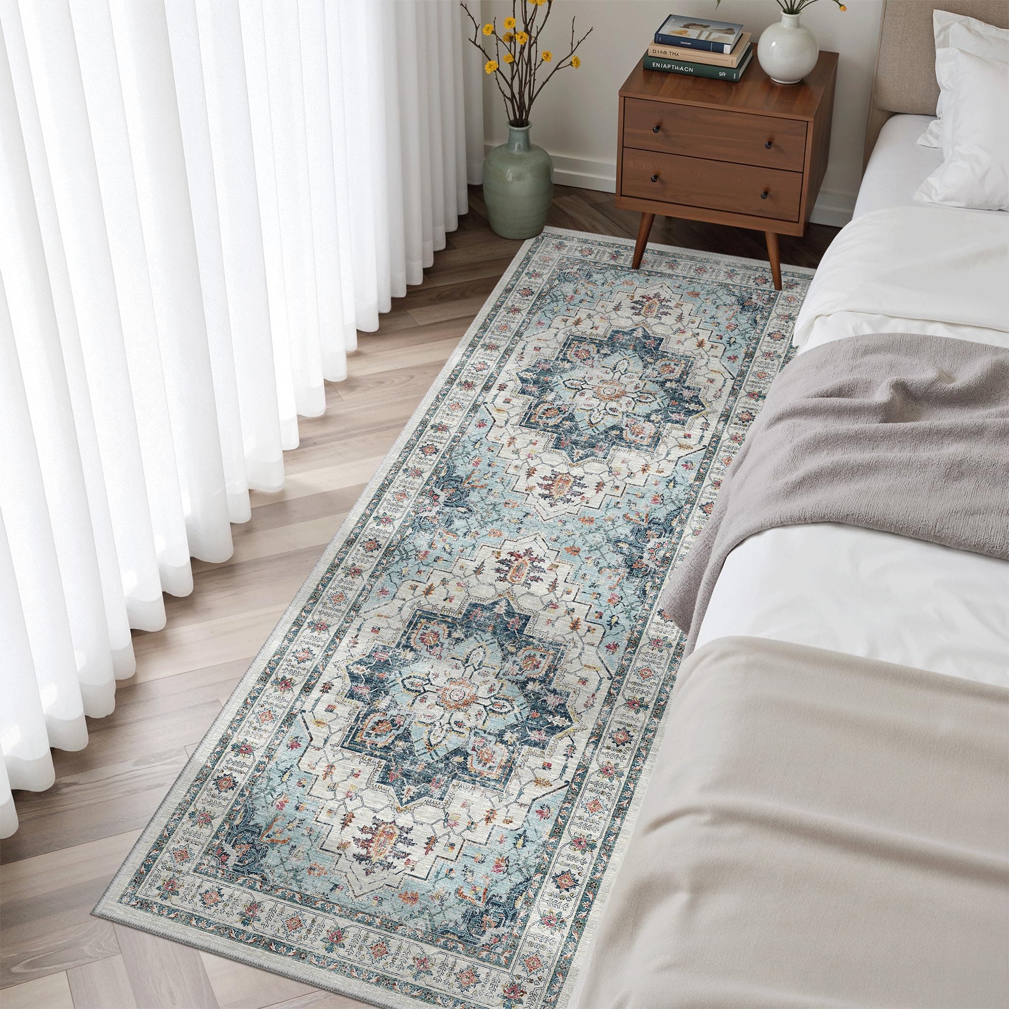 Madane Blue Runner Rug, 2x5, Low-Pile, Non-Slip, Washable, Stain Resistant, Retro, Machine-Made, Microfiber, Floral, Kitchen, Living Room, Bedroom, Laundry Room