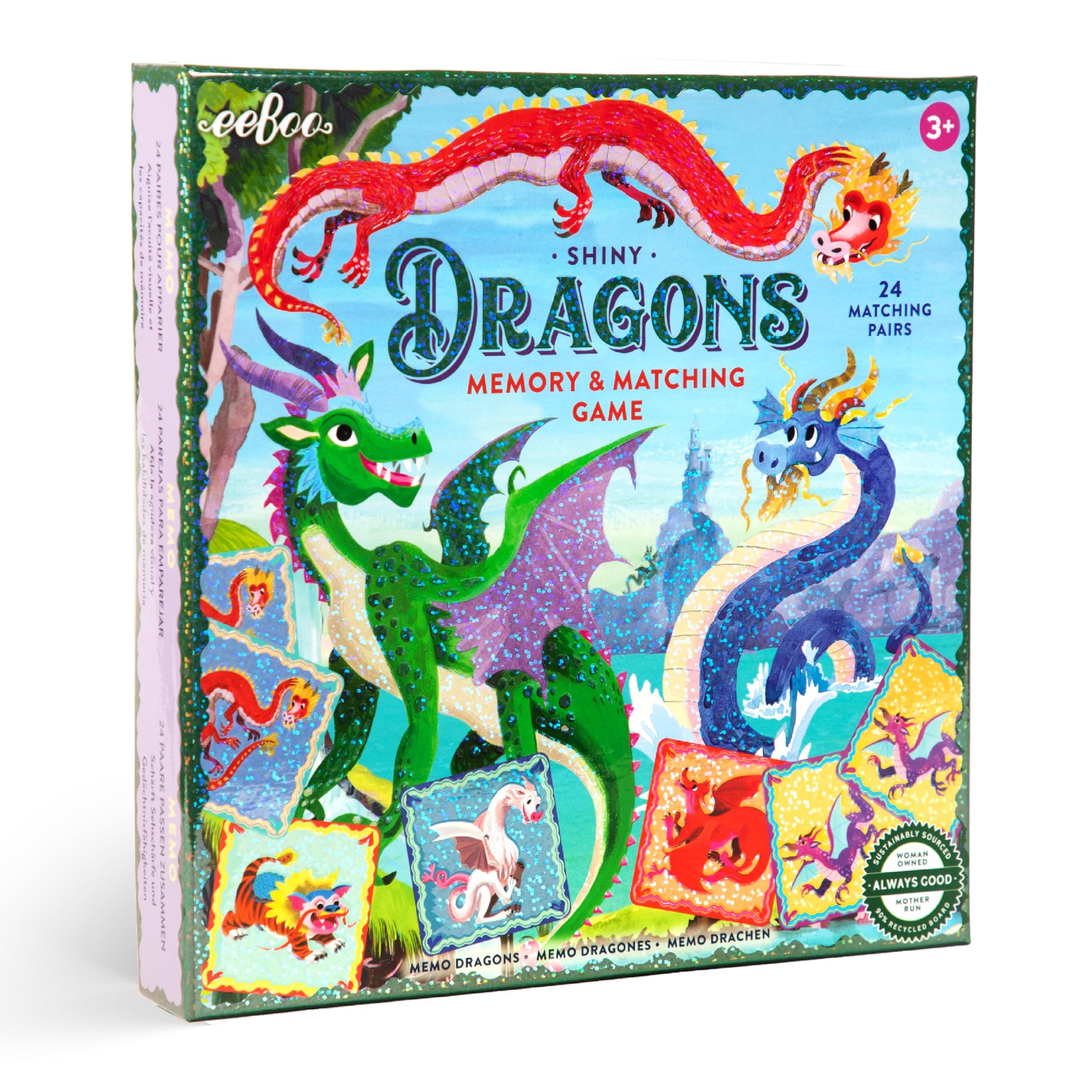 eeBoo: Memory & Matching Game - Shiny Dragons - Classic Concentration Play, Fantasy Creature Foil Art, 24 Tile Pairs, Skill Building, Preschool Kid 3+
