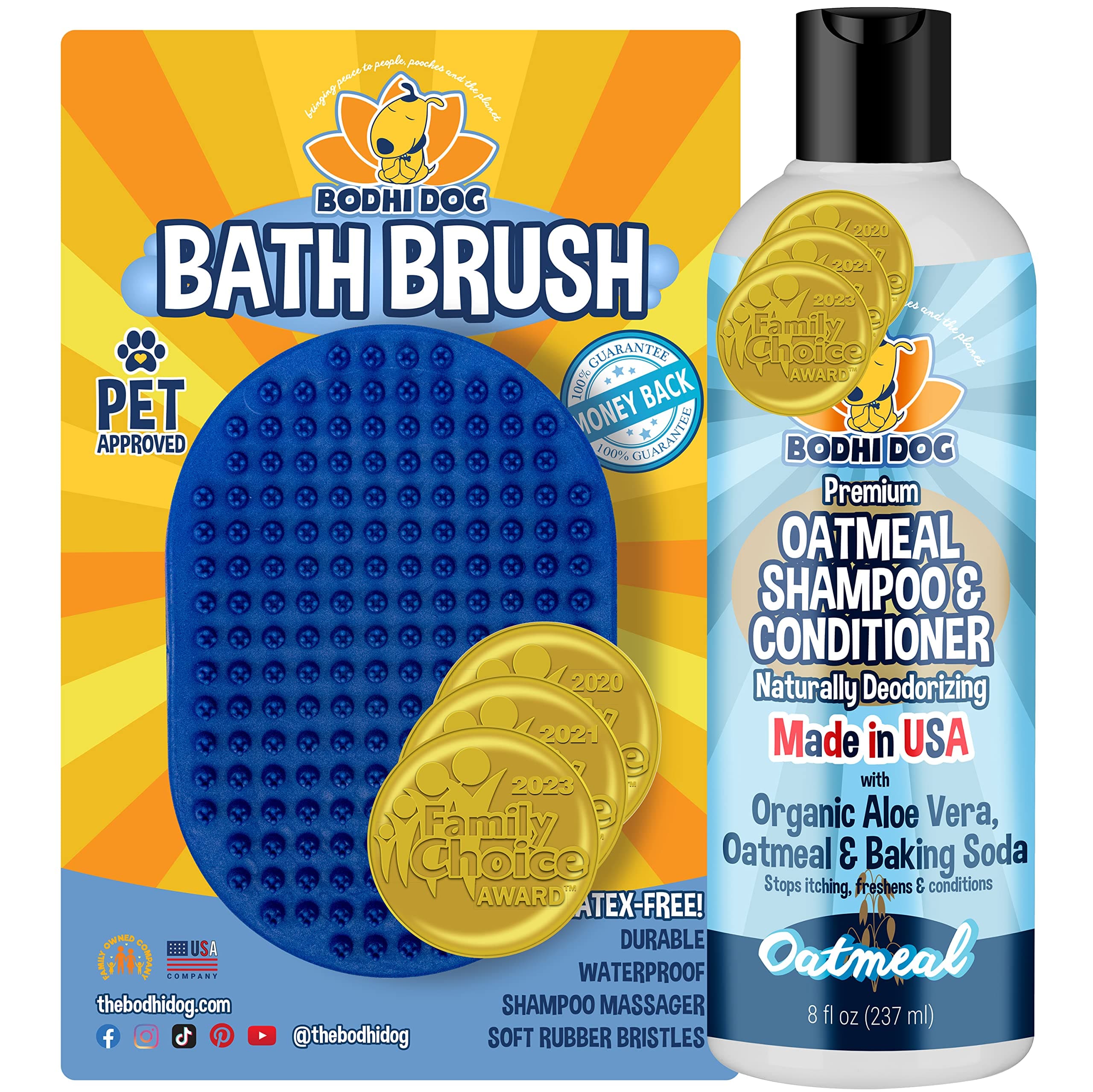 Bodhi Dog Shampoo Brush & Oatmeal Shampoo and Conditioner Bundle - Grooming Essentials for Pets, Short Hair Scrubber, Soothes and Moisturizes Dry, Itchy Skin - Hydrates & Nourishes