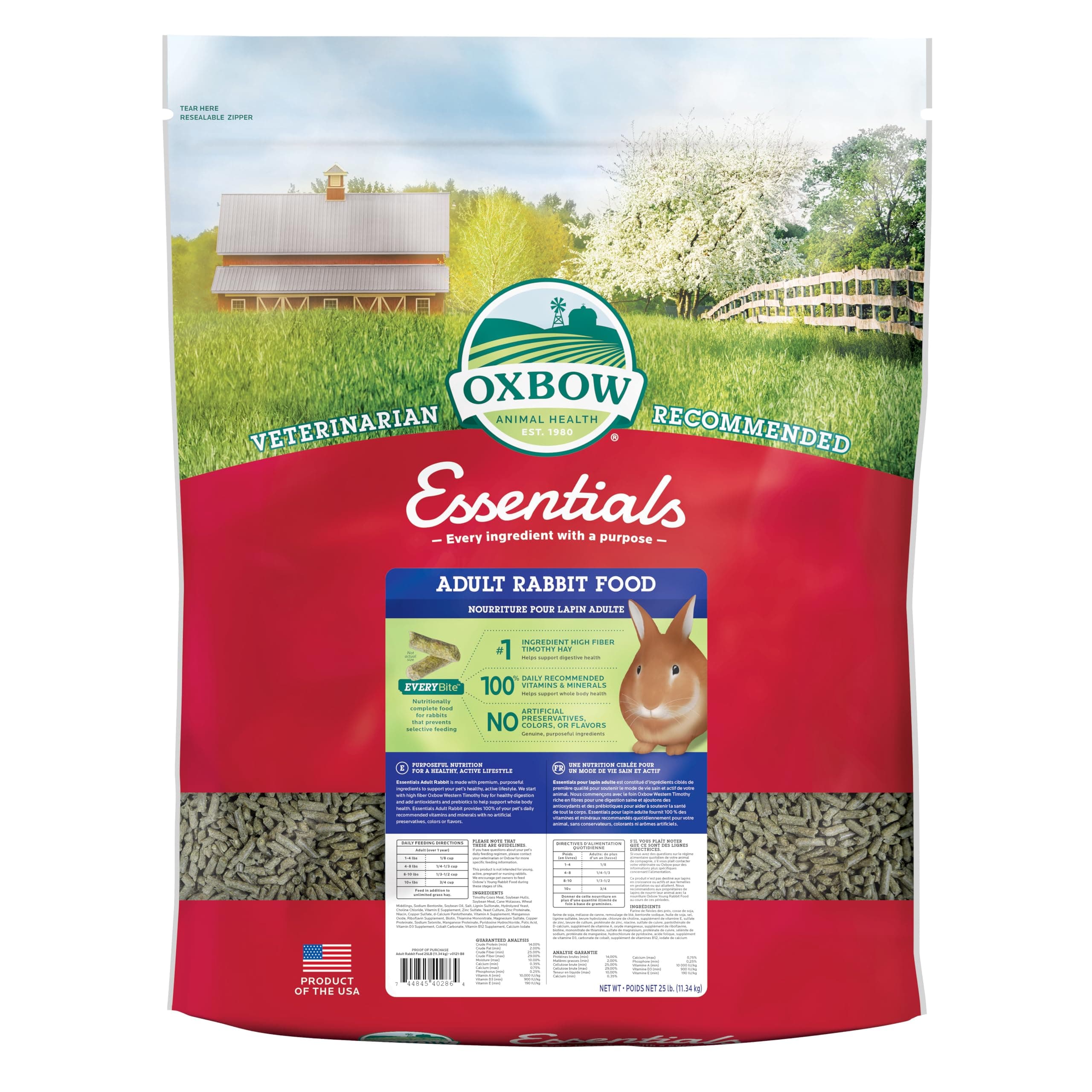 Oxbow Essentials Rabbit Food, Adult, Made with Oxbow Timothy Hay for Rabbit, Pet Pellets with Vitamins & Minerals, Small Animal Pet Products, Bunny Food, Made in USA, High Fiber, 25 lb. bulk bag