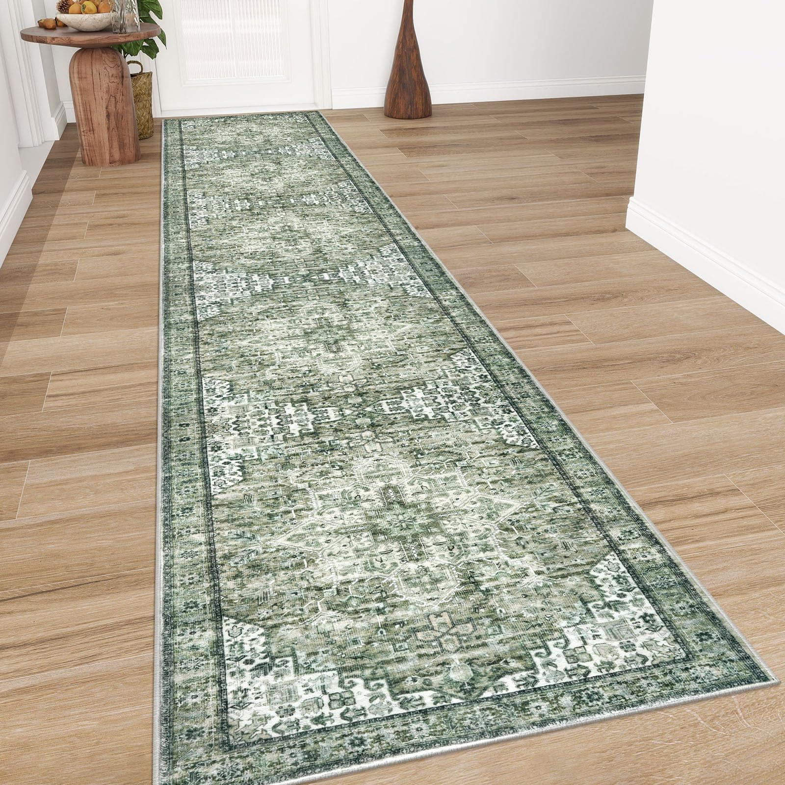 Siiloom 2.6x14 Sage Green Washable Rug for Entryway, Soft Printed Area Rug, Non-Slip Kitchen Rugs, Low-Pile Medallion Indoor Door Mat, Small Farmhouse Carpet for Entrance Kitchen Foyer Bedside