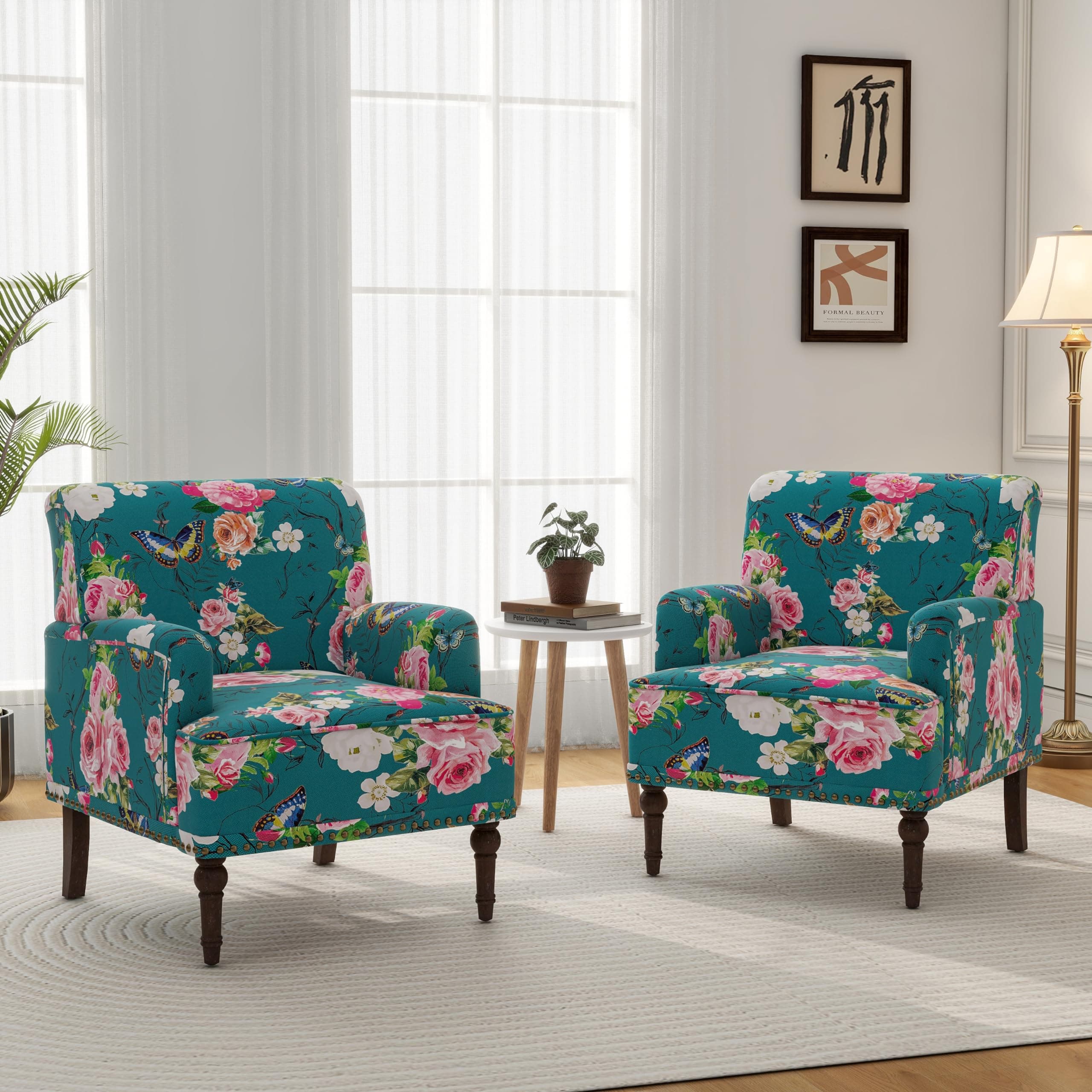 Accent Chair, Mid Century Modern Comfy Armchair for Living Room, Linen Fabric Single Sofa Lounge for Reading Bedroom Apartment Waiting Room with Wood Legs (Floral, Set of 2)