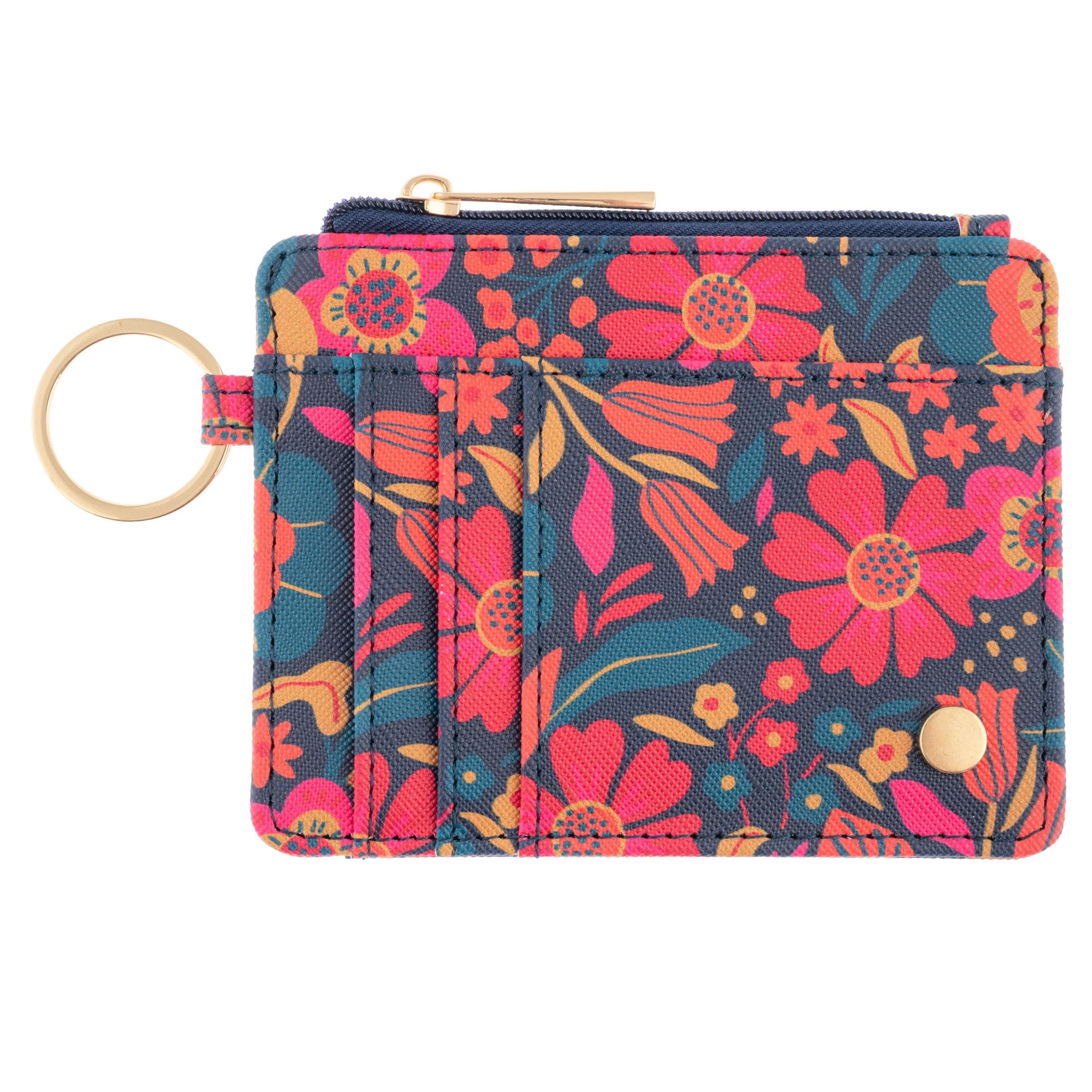 Karma, Womens Card ID Wallet, Small Leather Wallet Coin Purse with Keychain, Slim ID Card Case Holder, Retro Floral