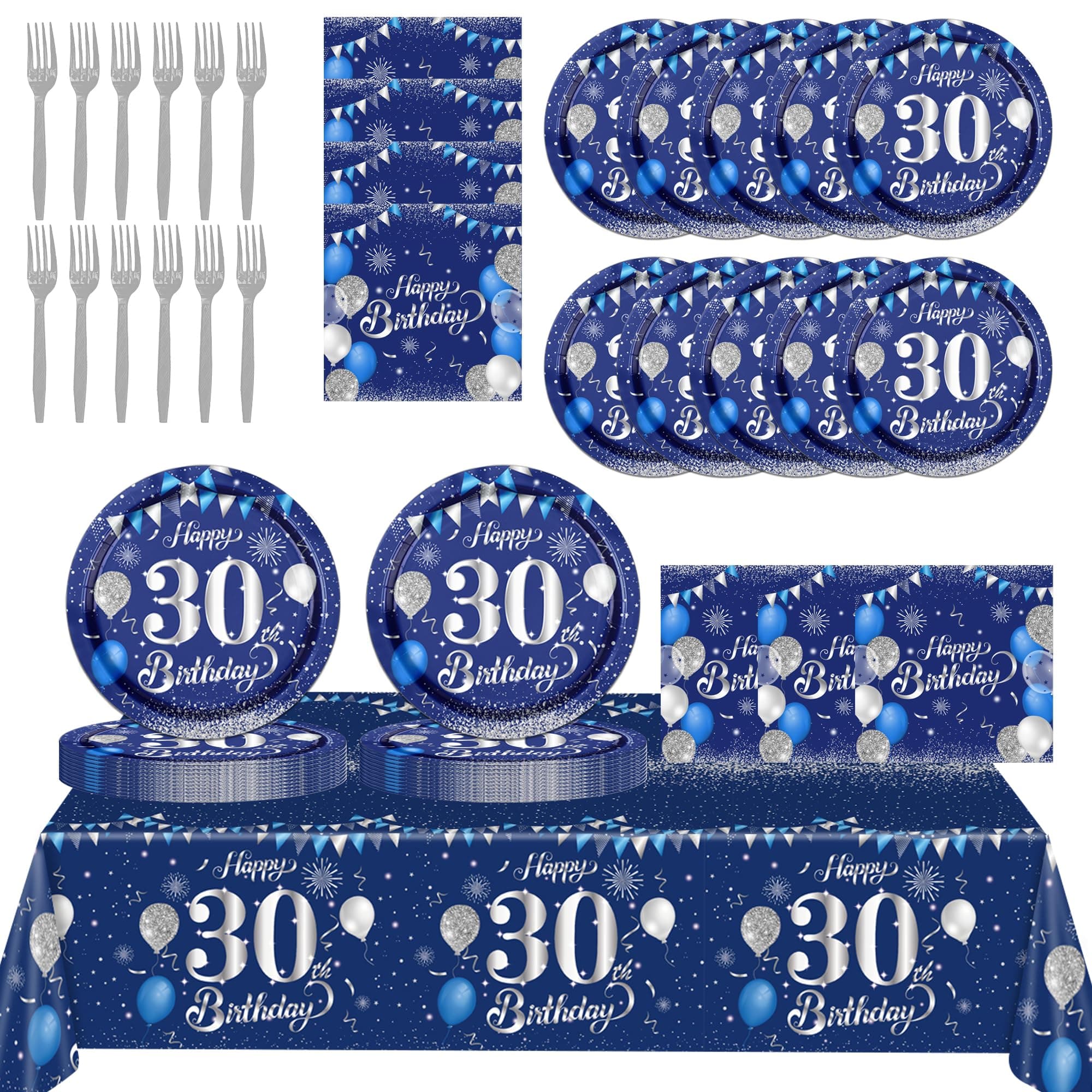 Blue Silver Birthday Party Tableware (30th)